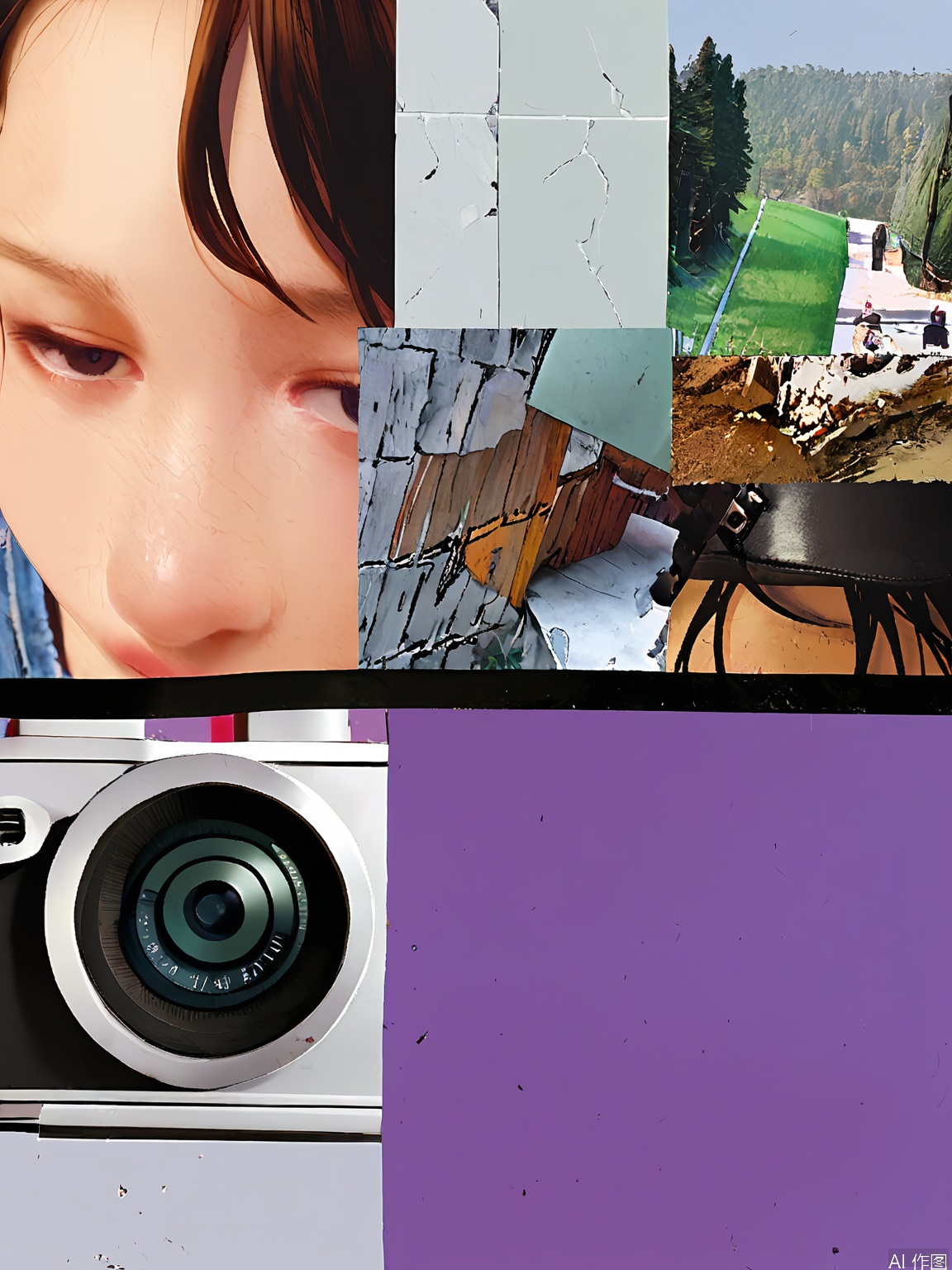 PTYS, Photograph of a mixed media collage, presenting a close - up of a vintage camera with a leather strap, partially covered by a large brown stain. The background consists of a grayscale picture of a street artist at work, a purple section with a white "c" and the text "dream big" in black, and a cracked, plaster - textured wall. The collage also has a section of a forest at dawn with mist rising from the ground. The overall composition is diverse and layered, blending various textures and hues.
