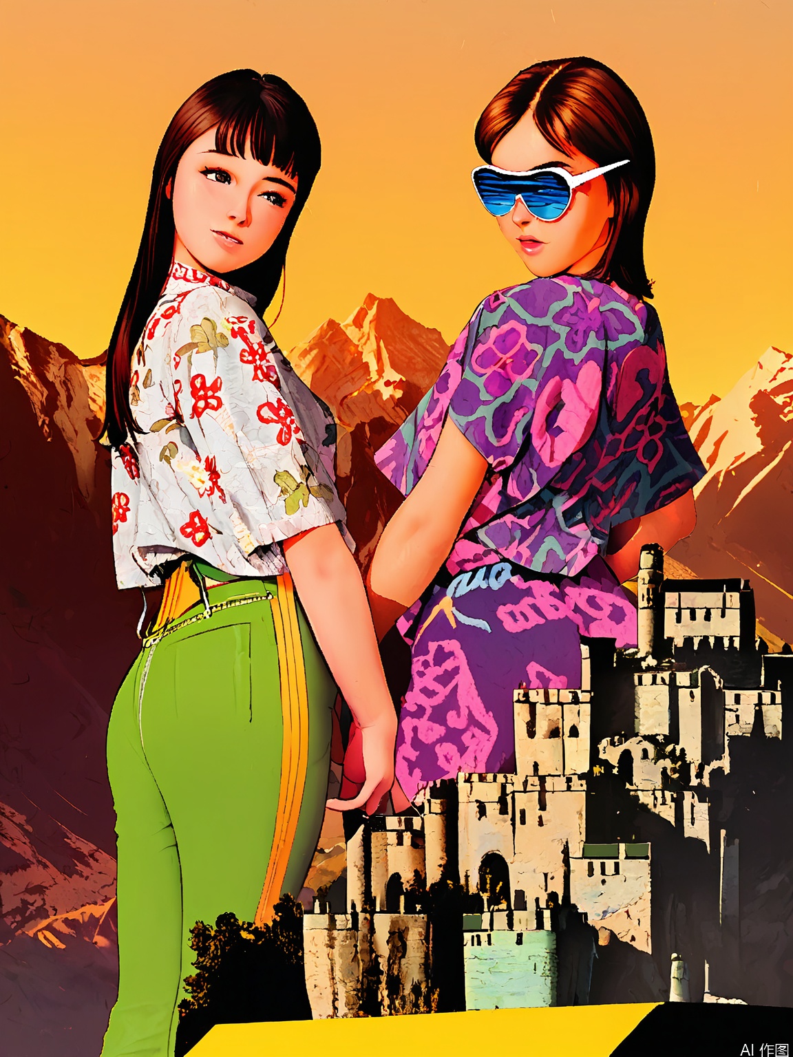 PTYS, Photograph of three women standing on a mountain, wearing 1970s-style clothing with patterned shirts and high-waisted pants in shades of green, yellow, and purple. They have long, straight hair and are looking off into the distance. The background features a black-and-white mountain range with a castle-like structure at the base. The overall aesthetic is retro with a vintage filter applied.
