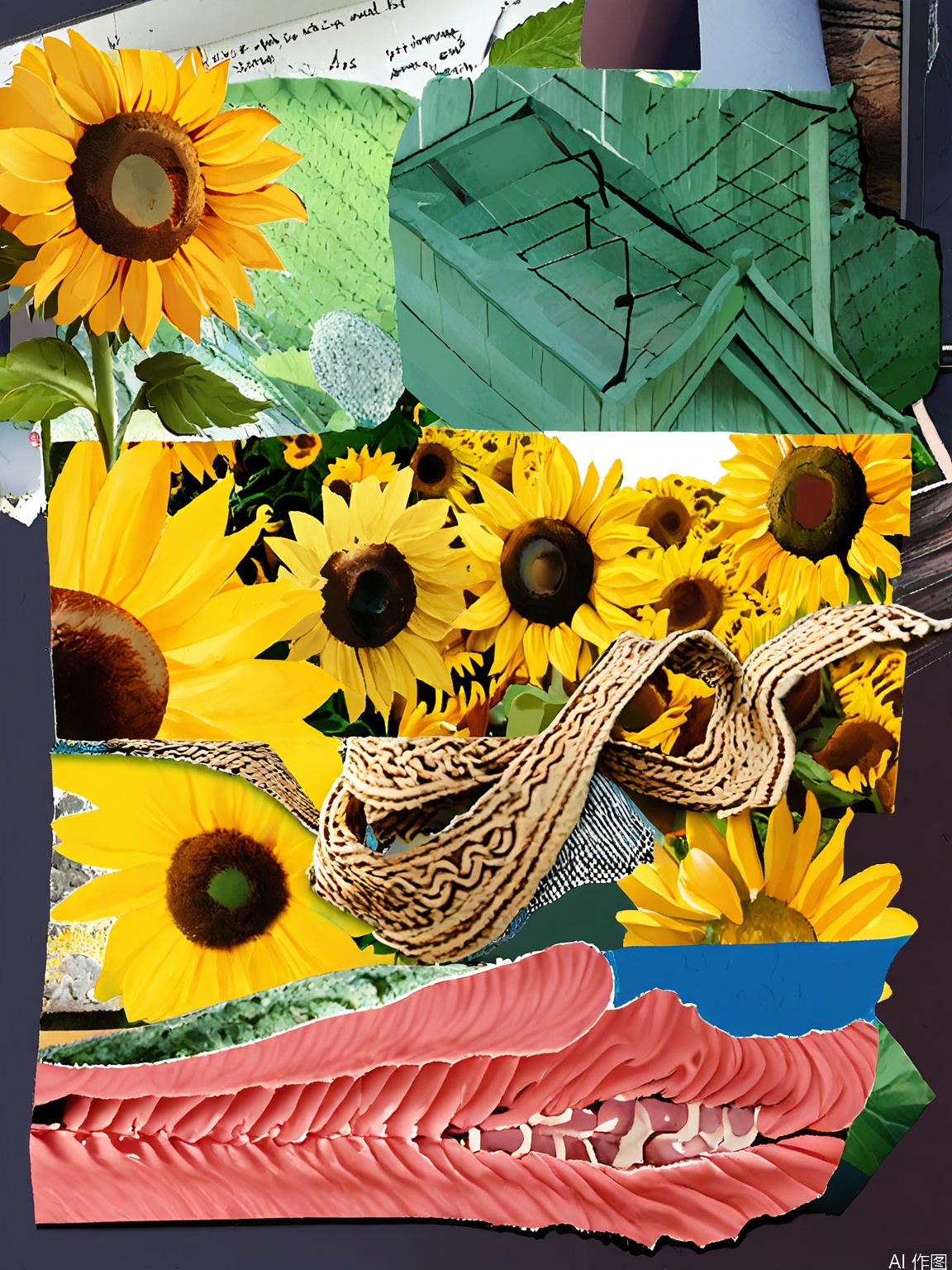 PTYS, Photograph of a mixed media collage, presenting a close - up of a hand - knitted scarf with intricate patterns, partially obscured by a large green leaf. The background includes a grayscale photograph of a country cottage, a yellow section with a black "k" and the text "for you" in white, and a textured, wooden - shingle wall. The collage also has a section of a sunflower field with bright yellow blooms. The overall arrangement is eclectic and rich in layers, combining different textures and colors.
