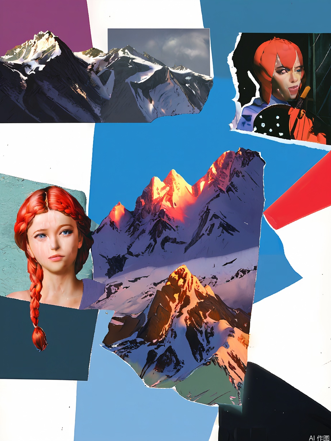 PTYS, Photograph of a mixed media collage, featuring a close-up of a person's face with braided hair, partially obscured by a large red brush stroke. The background includes a grayscale portrait of a woman, a blue section with a black "e" and the text "for him" in white, and a textured, distressed wall. The collage also includes a section of a mountain landscape with snow-capped peaks. The overall composition is eclectic and layered, with a mix of textures and colors.
