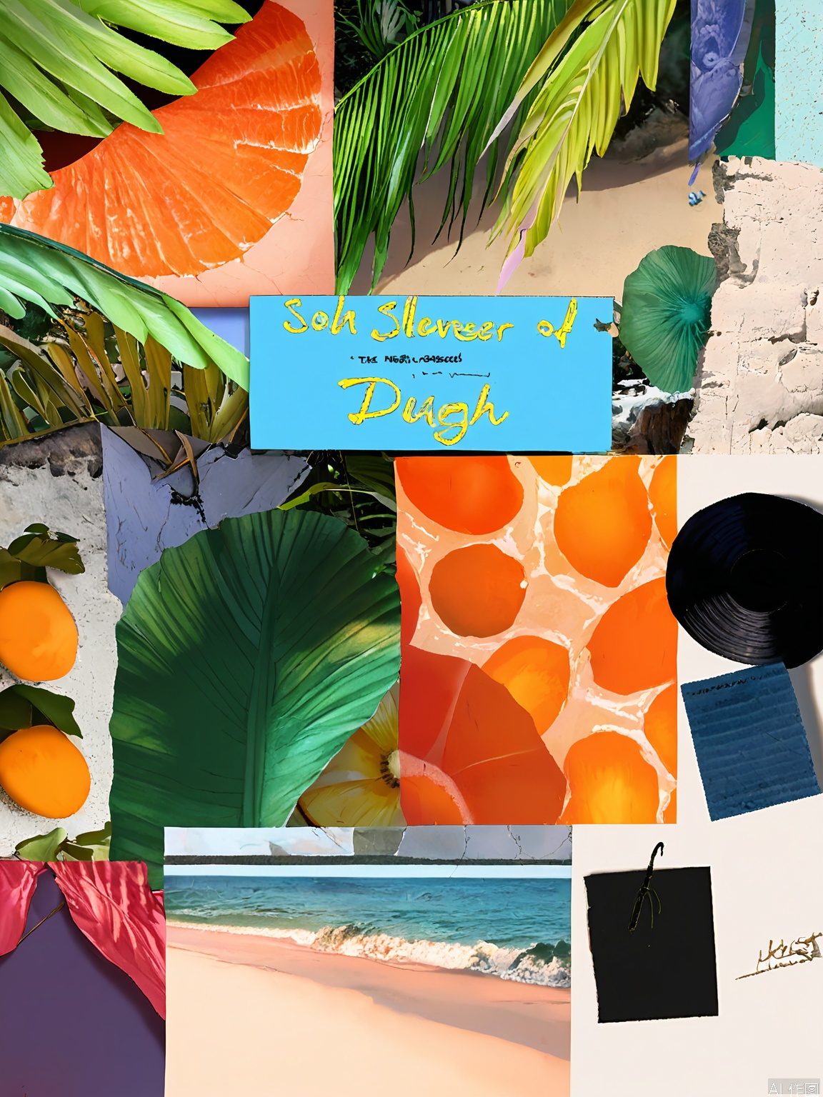 PTYS, Photograph of a mixed media collage, presenting a close - up of an old vinyl record with scratches, partially overlaid by a large blue feather. The background comprises a grayscale picture of a beach at sunset, an orange section with a red "o" and the text "forever" in white, and a cracked, stucco - textured wall. The collage also has a section of a tropical rainforest with lush green foliage. The overall composition is varied and layered, combining a range of textures and shades.
