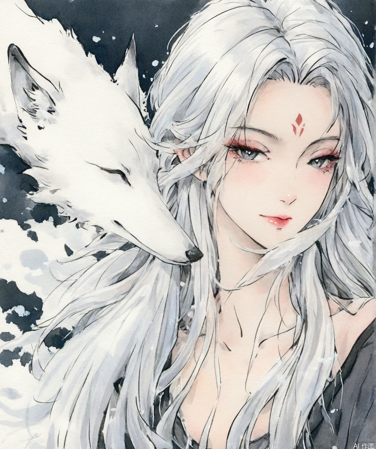 ((very awa)),solo,highly detailed,(best quality),((masterpiece)),1girl,upper_body,long hair,forehead mark,xiaobai,mature_female,,white hair,chi,,ge,mature_female,,traditional media,painting \(medium\),watercolor \(medium\),white fox,