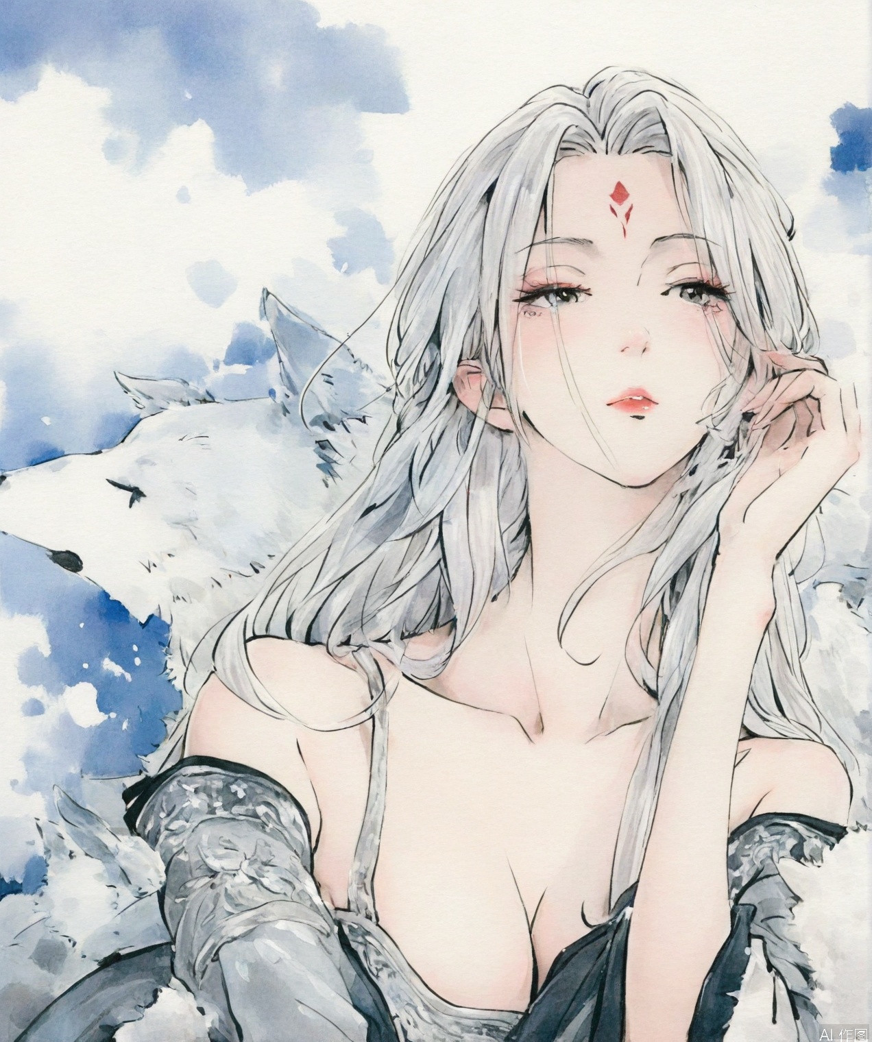 ((very awa)),solo,highly detailed,(best quality),((masterpiece)),1girl,upper_body,long hair,forehead mark,xiaobai,mature_female,,white hair,chi,,ge,mature_female,,traditional media,painting \(medium\),watercolor \(medium\),white fox,