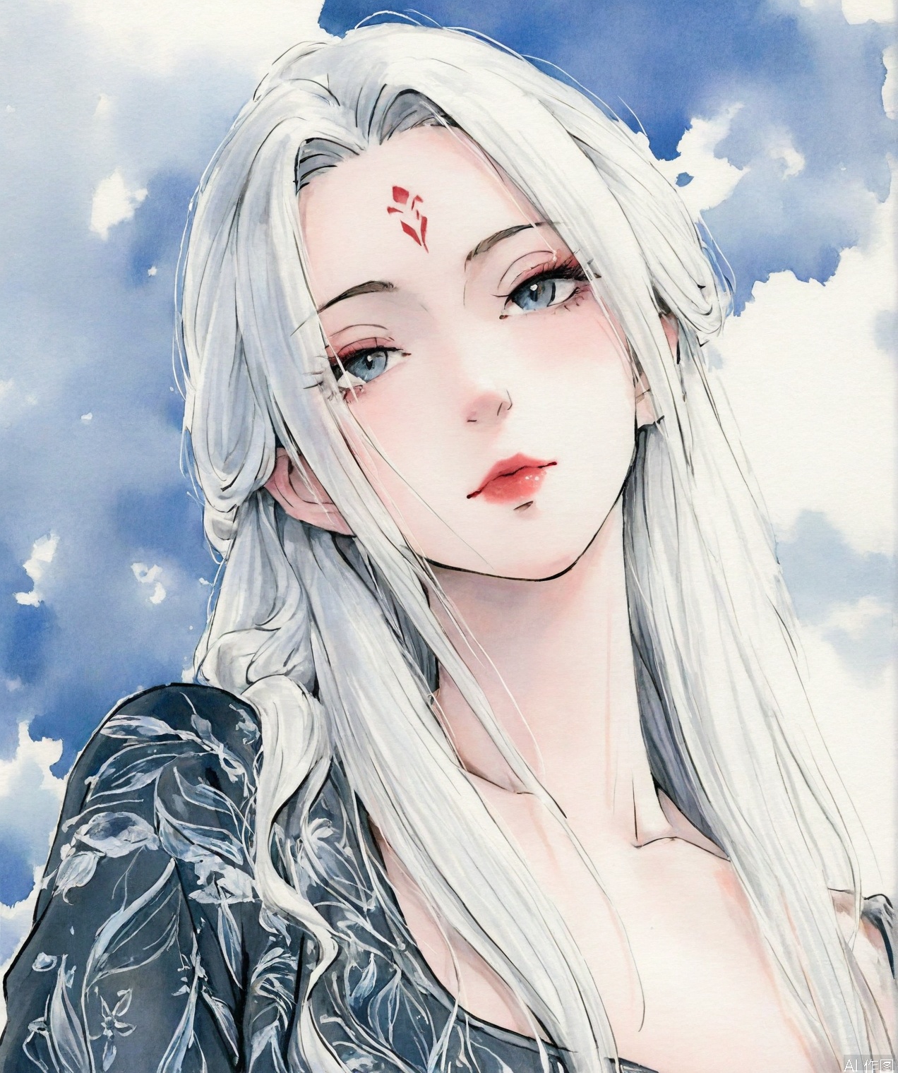 ((very awa)),solo,highly detailed,(best quality),((masterpiece)),1girl,upper_body,long hair,forehead mark,xiaobai,mature_female,,white hair,chi,,ge,mature_female,,traditional media,painting \(medium\),watercolor \(medium\),white fox,