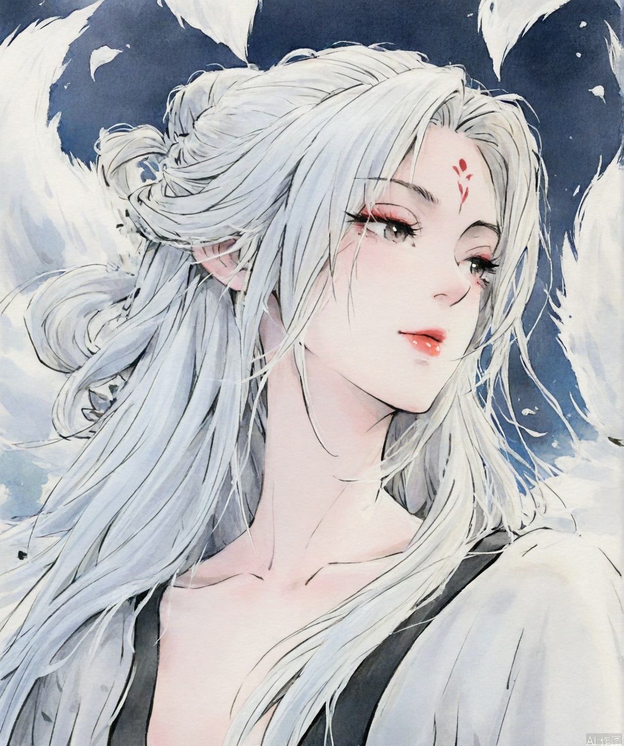 ((very awa)),solo,highly detailed,(best quality),((masterpiece)),1girl,upper_body,long hair,forehead mark,xiaobai,mature_female,,white hair,chi,,ge,mature_female,,traditional media,painting \(medium\),watercolor \(medium\),white fox,