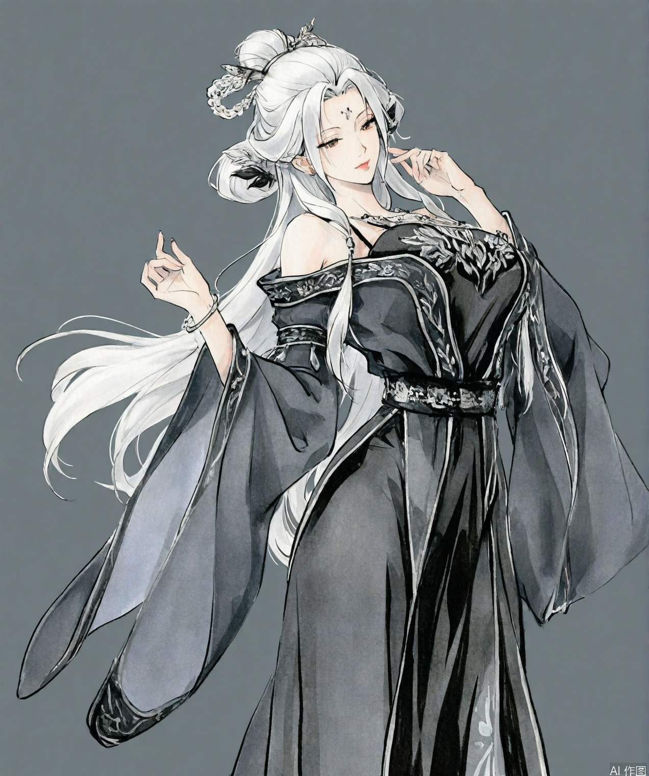 ((very awa)),solo,highly detailed,(best quality),((masterpiece)),1girl,white hair,long hair,hair ornament,dress,chi,traditional media,ge,mature female,painting \(medium\), watercolor \(medium\),xiaobai,black_ clothes,simple background,