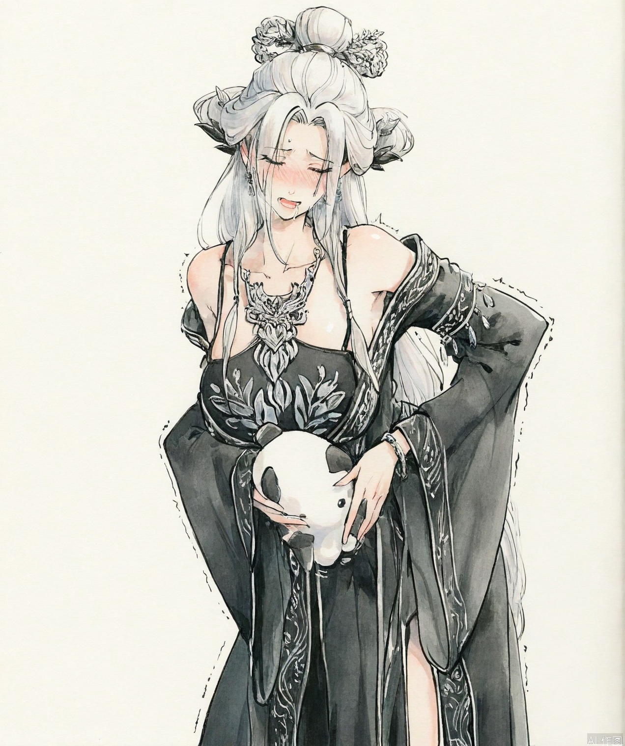 ((very awa)),solo,highly detailed,(best quality),((masterpiece)),1girl,white hair,long hair,hair ornament,dress,chi,traditional media,ge,mature female,painting \(medium\), watercolor \(medium\),xiaobai,black_ clothes,simple background,blush,drooling,sweat,trembling