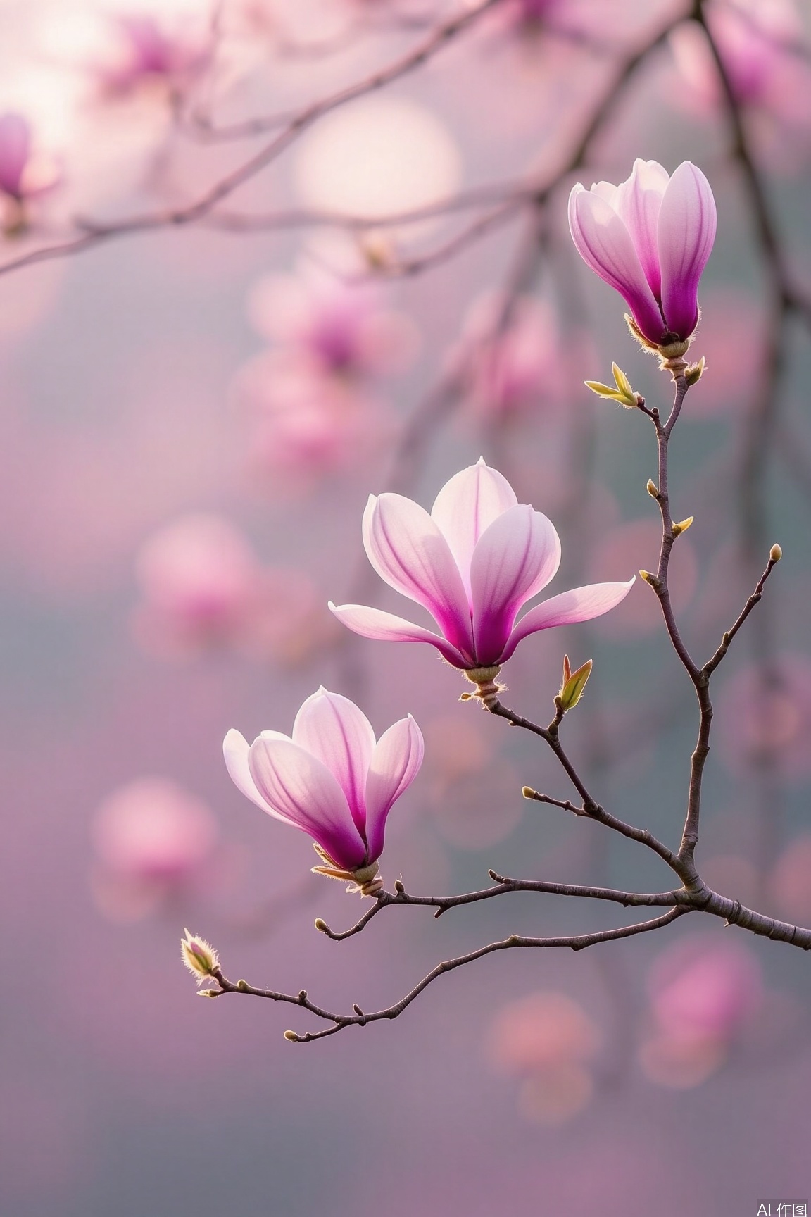 magnolia,background,no humans, Pink magnolia flowers bloom extravagantly on branches, their petals like silk, with a blurred pink background creating a dreamy atmosphere.