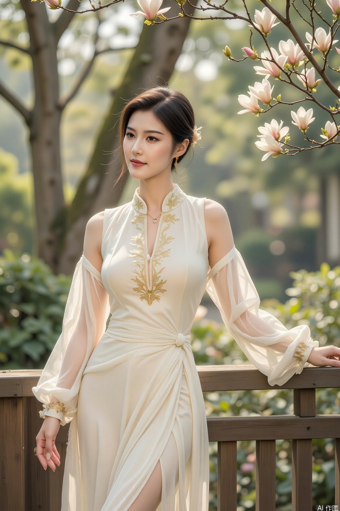 The elegant lady with a graceful figure is in a white Ming - style hanfu with gold embroidery on the collar and cuffs. She leans on the balcony railing, decorated with magnolias, Sunlight filters through tree gaps, creating intersecting shadows and light. Shot with a Nikon Z6 II, f/5, 1/250s, ISO 100, and a 28 - 75mm f/2.8 lens.