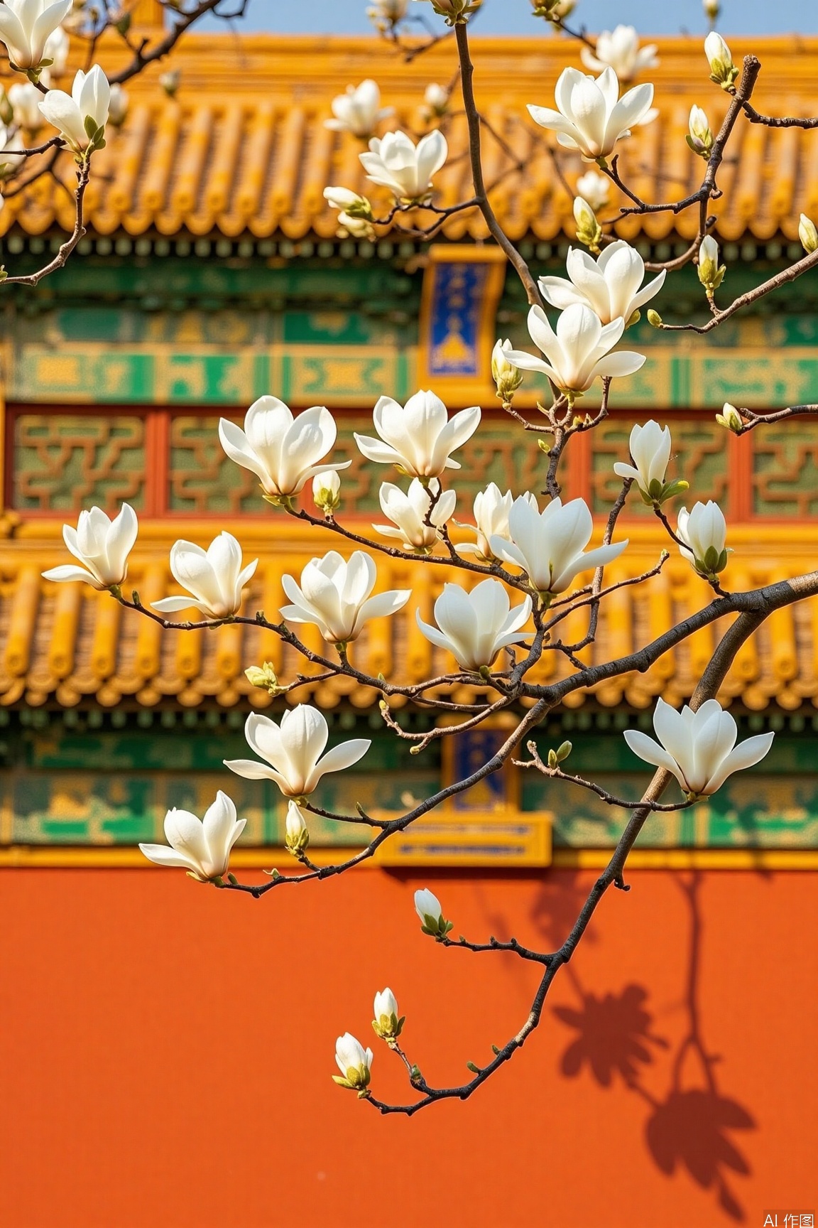 magnolia,background,no humans, White magnolia flowers bloom before an ancient building's orange wall, their petals as pure as jade, complementing the wall's paintings and upturned eaves, showing classical beauty.