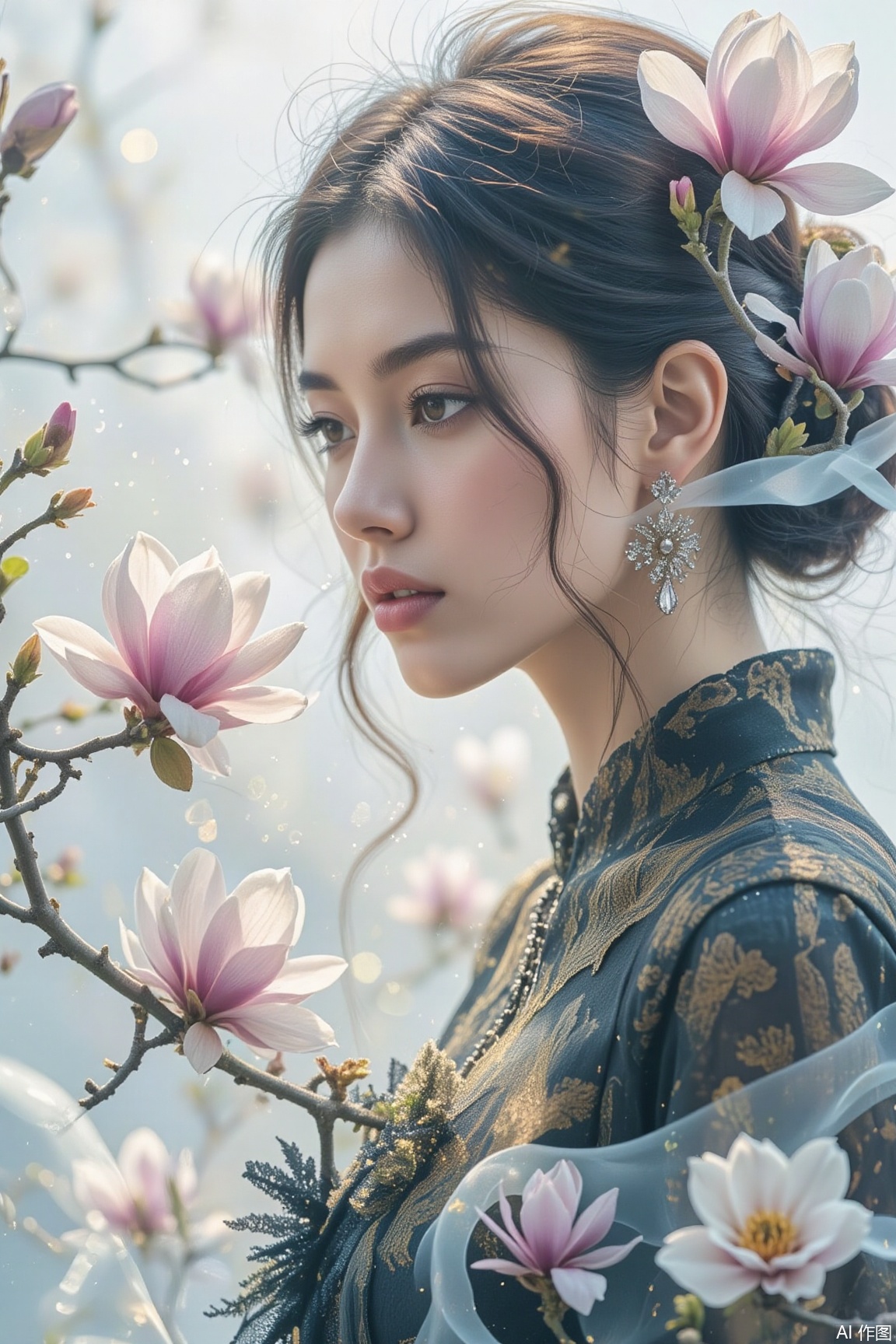 A sensual beauty, a calligrapher of elegance, wields her delicate brush with precision and finesse.she brings to life the night's secret blooms on a soft, chiffon canvas. magnolia petals unfurl like tender kisses, as the strokes of her brush dance across the fabric, weaving a tapestry of serenity and beauty,marrta,double-exposure, 