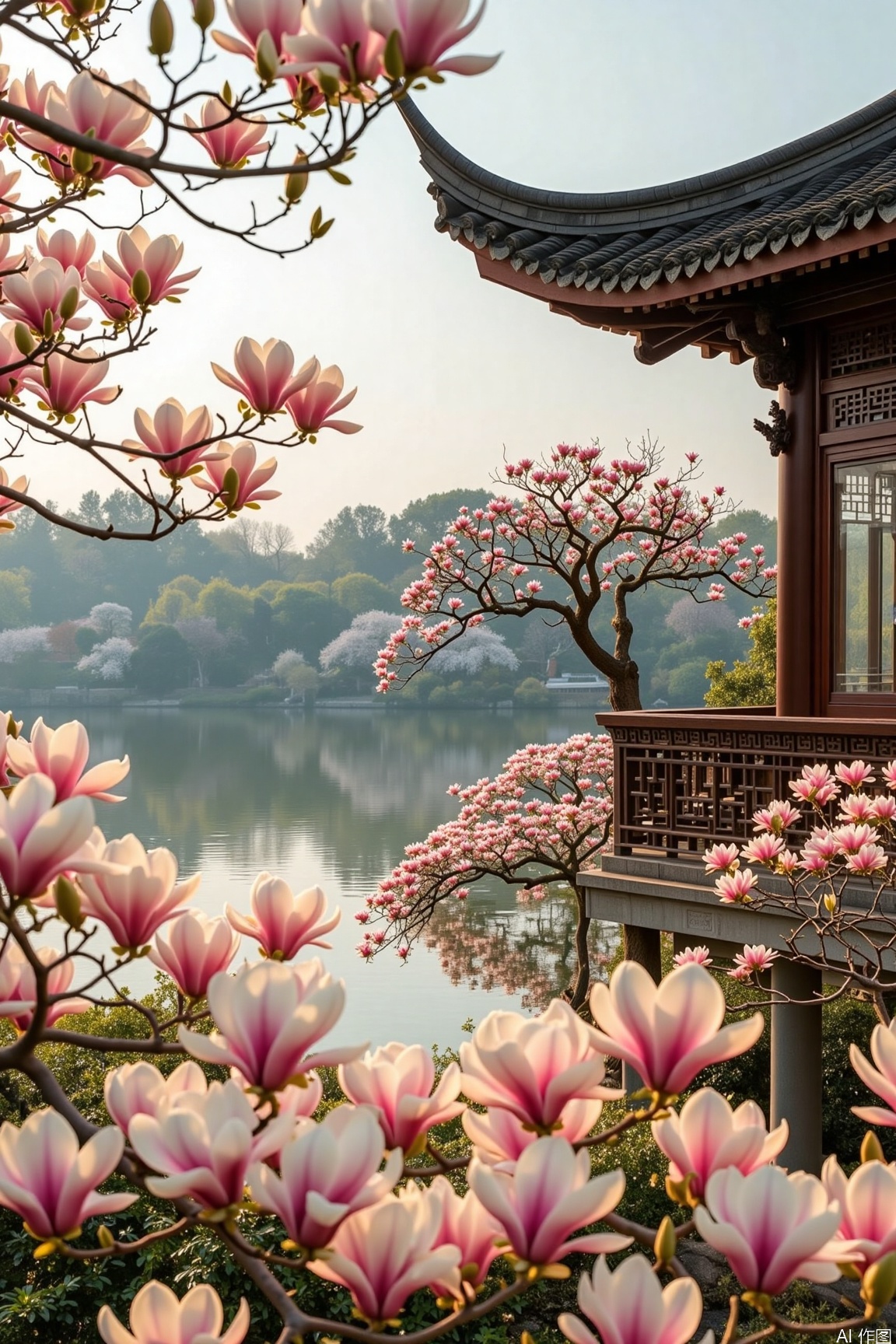 Pink magnolia flowers bloom in a classical garden, with exquisite pavilions and a tranquil lake in the background, showing a harmonious and peaceful natural landscape.