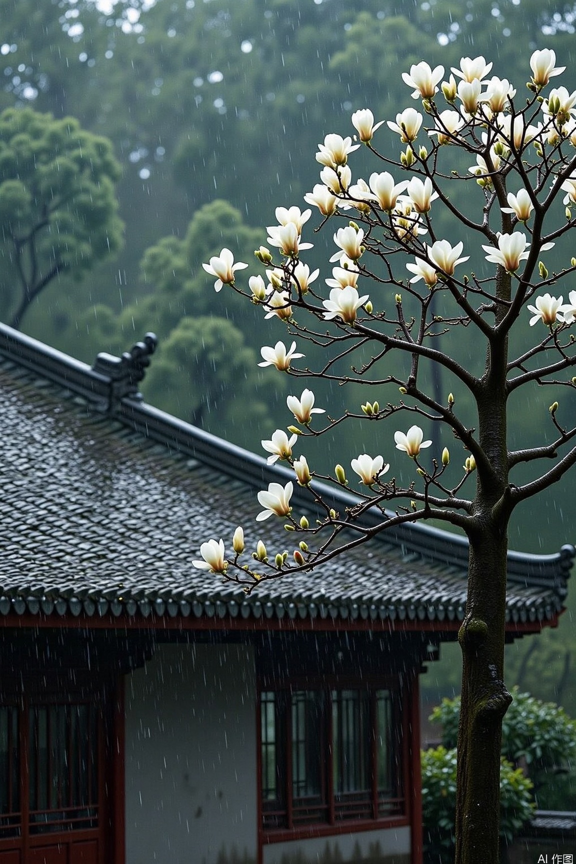 White magnolia flowers bloom in the rain, with grey tiles and upturned eaves of an ancient building in the background, raindrops gently patting the petals, creating a peaceful atmosphere.