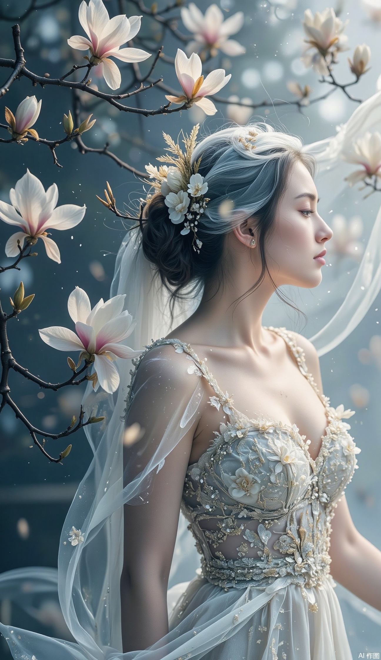 A sensual beauty, a calligrapher of elegance, wields her delicate brush with precision and finesse.she brings to life the night's secret blooms on a soft, chiffon canvas. magnolia petals unfurl like tender kisses, as the strokes of her brush dance across the fabric, weaving a tapestry of serenity and beauty.,marrta,double-exposure, 
