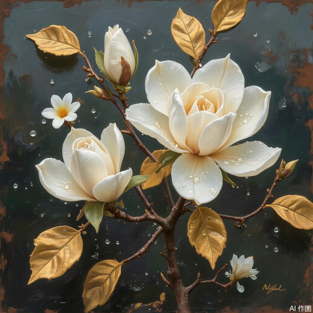 The image features an elegant arrangement of flowers, primarily showcasing beautiful white roses adorned with delicate golden accents. These roses are complemented by golden leaves, enhancing their luxurious appearance. The flowers are embellished with drops of water, giving them a fresh and dewy look. A smaller, intricate white flower is also present, adding variety to the composition. The background consists of a smooth, dark surface, which contrasts beautifully with the light tones of the roses and the golden details, creating a striking, sophisticated visual effect. Masterpiece, Best Quality, Highly Detailed. Grunge Art,AlcoholInk.hanna , J.S. Sargent style painting and mixed with typical of Baroque art",Hand,Grunge Art,AlcoholInk.hannax,Oil painting effect strong visual flow,Grunge Arthue with vibrant, textured brushstrokes,magnolia