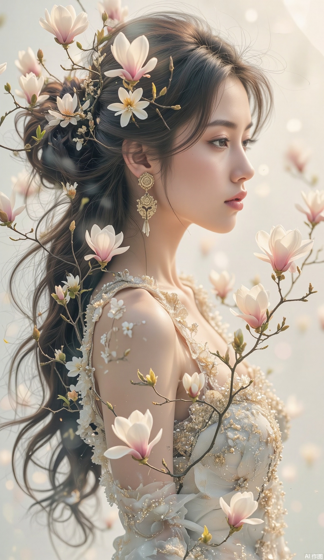A sensual beauty, a calligrapher of elegance, wields her delicate brush with precision and finesse.she brings to life the night's secret blooms on a soft, chiffon canvas. magnolia petals unfurl like tender kisses, as the strokes of her brush dance across the fabric, weaving a tapestry of serenity and beauty.,marrta,double-exposure, 