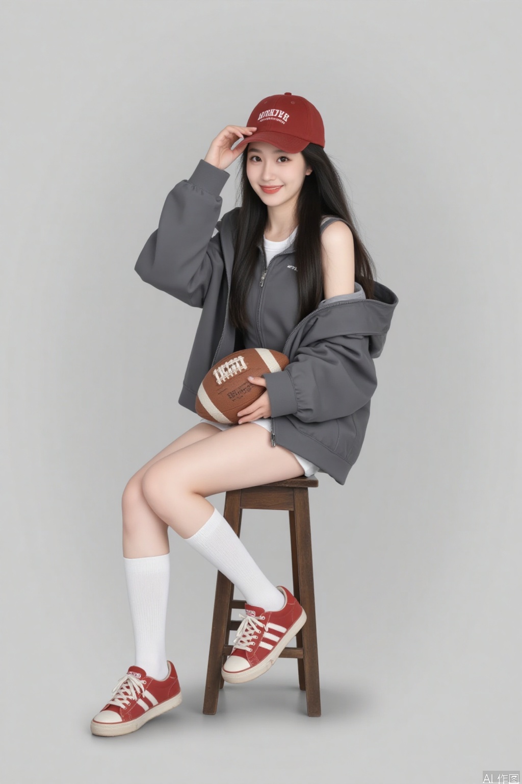 1 girl, solo, long hair, looking at the audience, smiling, simple background, black hair, hat, holding, sitting, jacket, full body, shoes, socks, gray background, off shoulder, knee high, vest, white socks, red shoes, sports shoes, baseball cap, red headwear, ball, realistic, gray jacket, stool, rugby