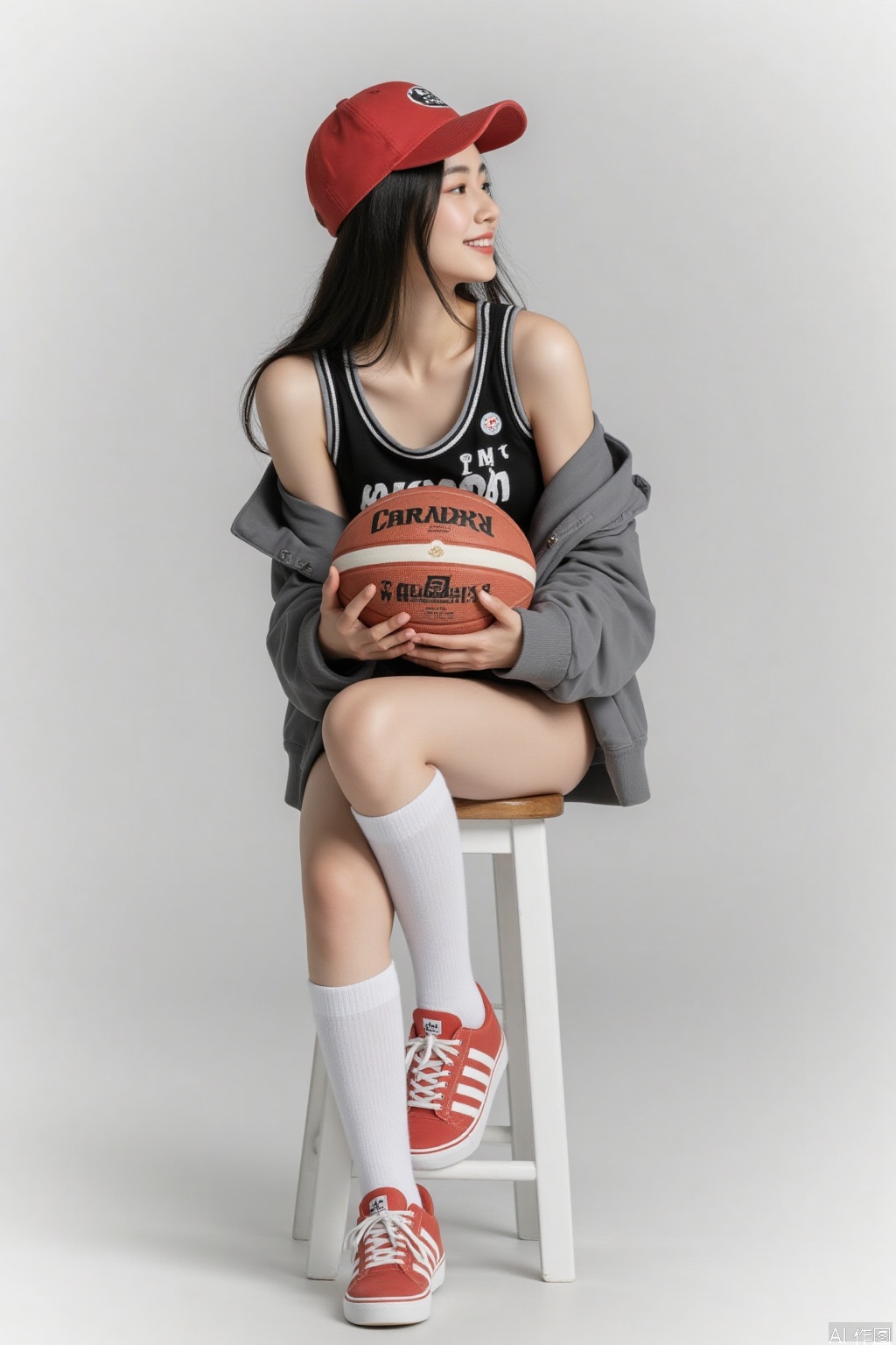 1 girl, solo, long hair, looking at the audience, smiling, simple background, black hair, hat, holding, sitting, jacket, full body, shoes, socks, gray background, off shoulder, knee high, vest, white socks, red shoes, sports shoes, baseball cap, red headwear, ball, realistic, gray jacket, stool, basketball,