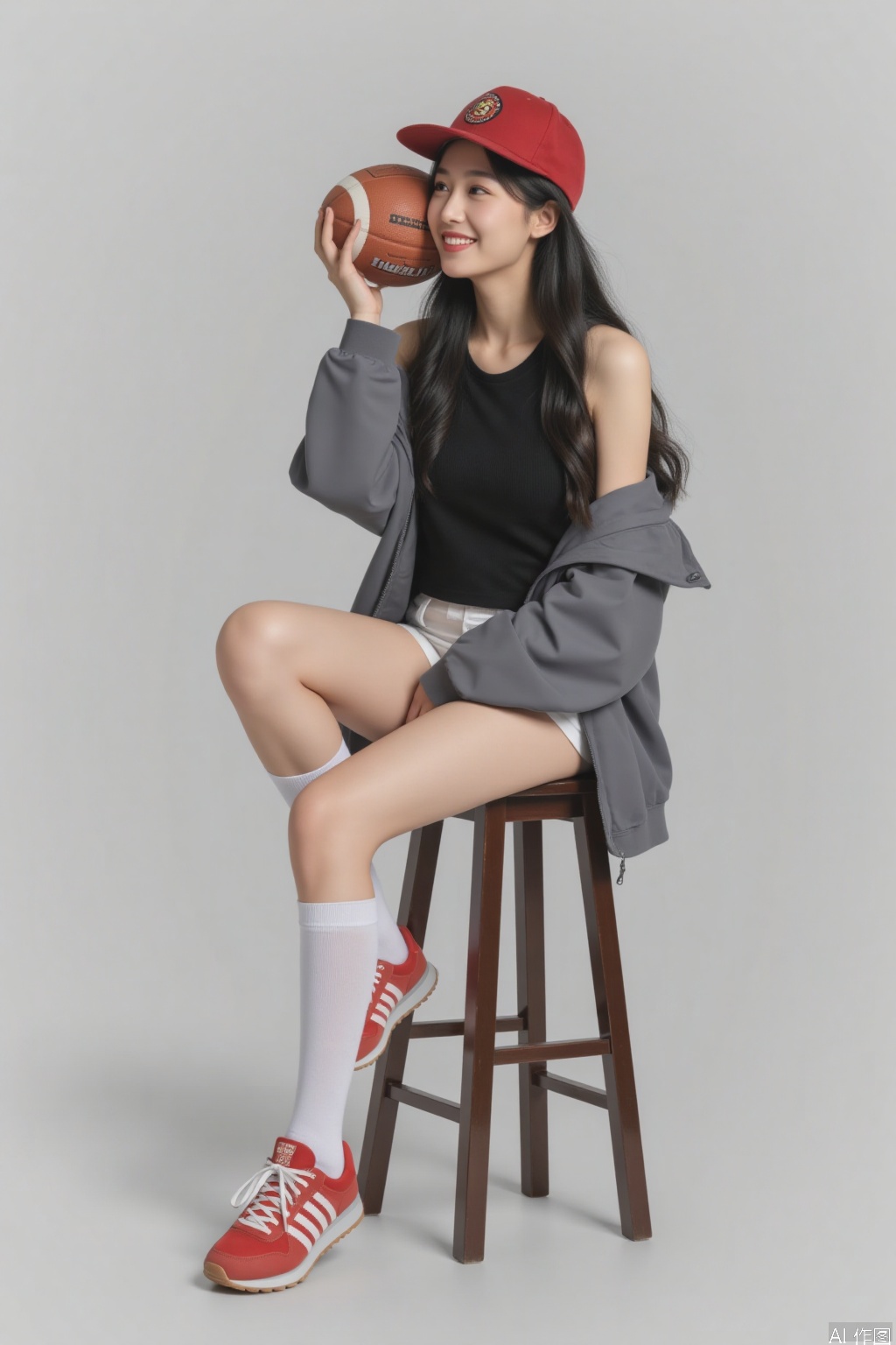 1 girl, solo, long hair, looking at the audience, smiling, simple background, black hair, hat, holding, sitting, jacket, full body, shoes, socks, gray background, off shoulder, knee high, vest, white socks, red shoes, sports shoes, baseball cap, red headwear, ball, realistic, gray jacket, stool, basketball,