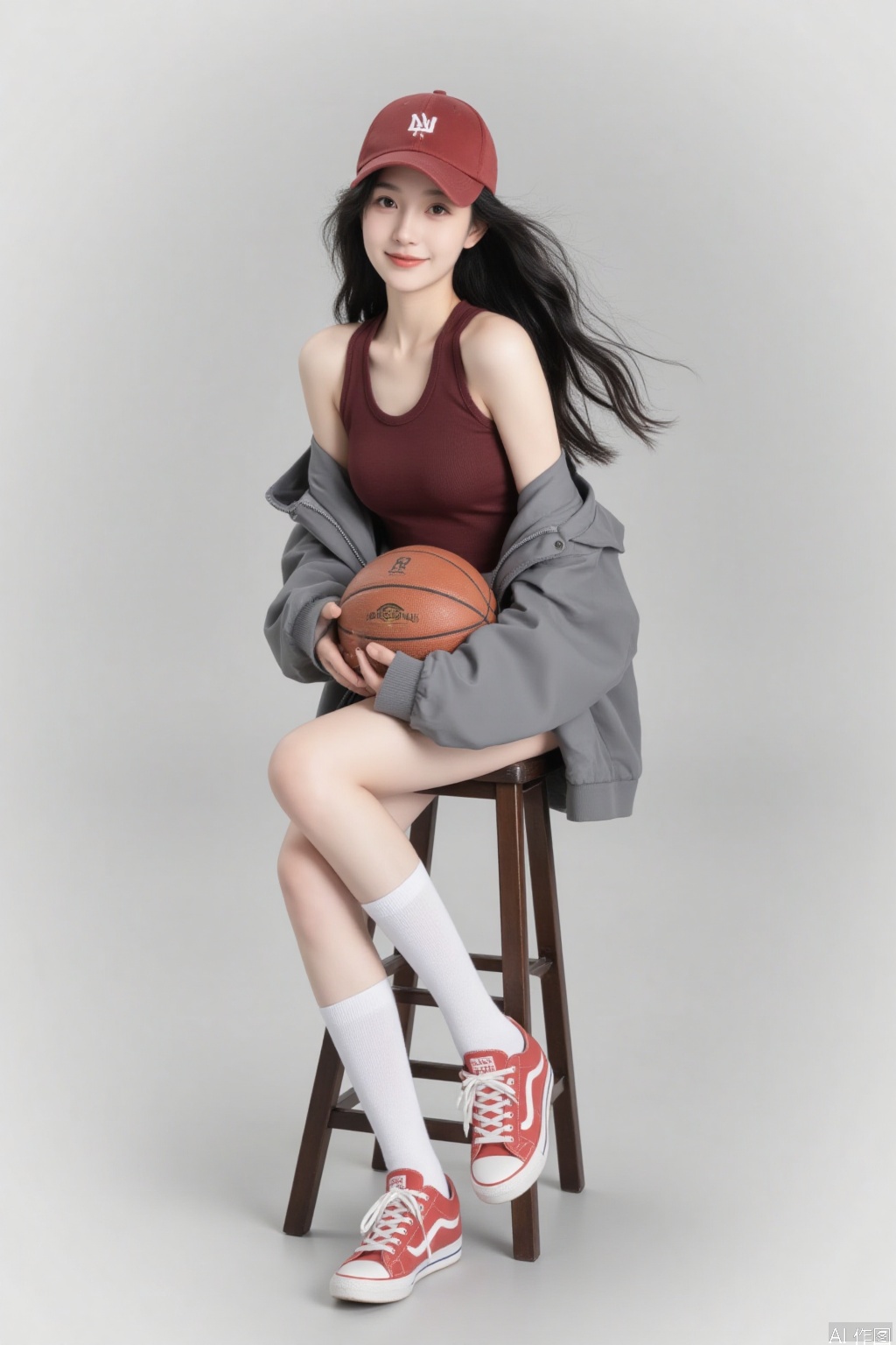 1 girl, solo, long hair, looking at the audience, smiling, simple background, black hair, hat, holding, sitting, jacket, full body, shoes, socks, gray background, off shoulder, knee high, vest, white socks, red shoes, sports shoes, baseball cap, red headwear, ball, realistic, gray jacket, stool, basketball,
