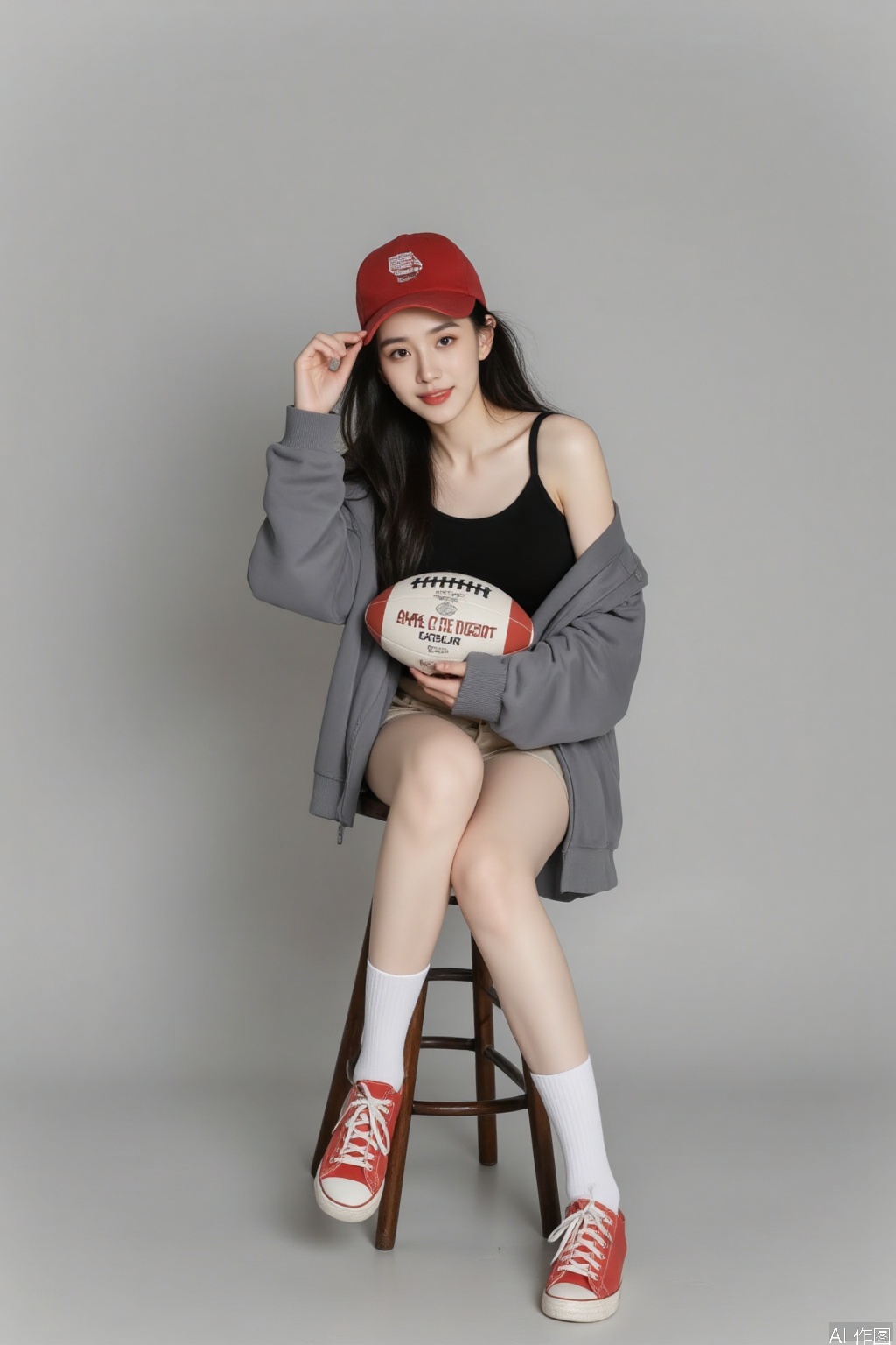 1 girl, solo, long hair, looking at the audience, smiling, simple background, black hair, hat, holding, sitting, jacket, full body, shoes, socks, gray background, off shoulder, knee high, vest, white socks, red shoes, sports shoes, baseball cap, red headwear, ball, realistic, gray jacket, stool, rugby