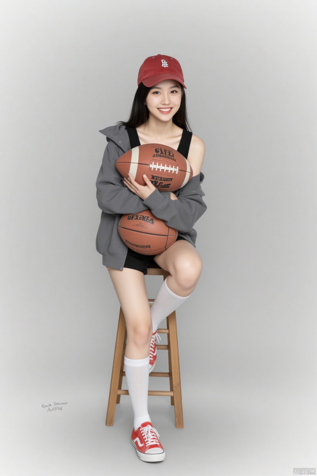 1 girl, solo, long hair, looking at the audience, smiling, simple background, black hair, hat, holding, sitting, jacket, full body, shoes, socks, gray background, off shoulder, knee high, vest, white socks, red shoes, sports shoes, baseball cap, red headwear, ball, realistic, gray jacket, stool, basketball,