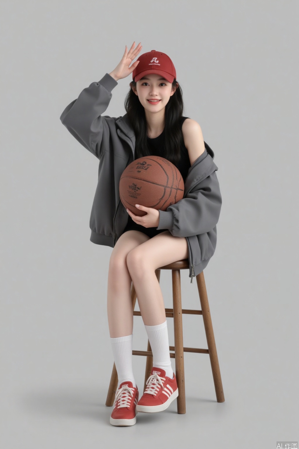 1 girl, solo, long hair, looking at the audience, smiling, simple background, black hair, hat, holding, sitting, jacket, full body, shoes, socks, gray background, off shoulder, knee high, vest, white socks, red shoes, sports shoes, baseball cap, red headwear, ball, realistic, gray jacket, stool, basketball,
