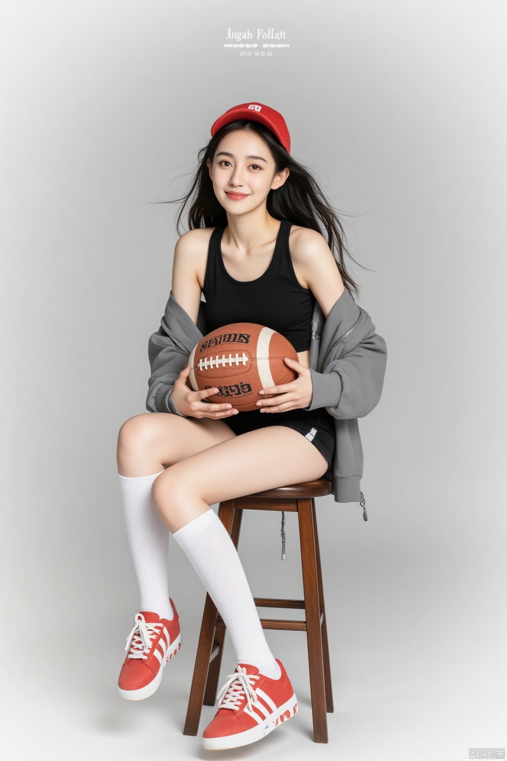 1 girl, solo, long hair, looking at the audience, smiling, simple background, black hair, hat, holding, sitting, jacket, full body, shoes, socks, gray background, off shoulder, knee high, vest, white socks, red shoes, sports shoes, baseball cap, red headwear, ball, realistic, gray jacket, stool, basketball,