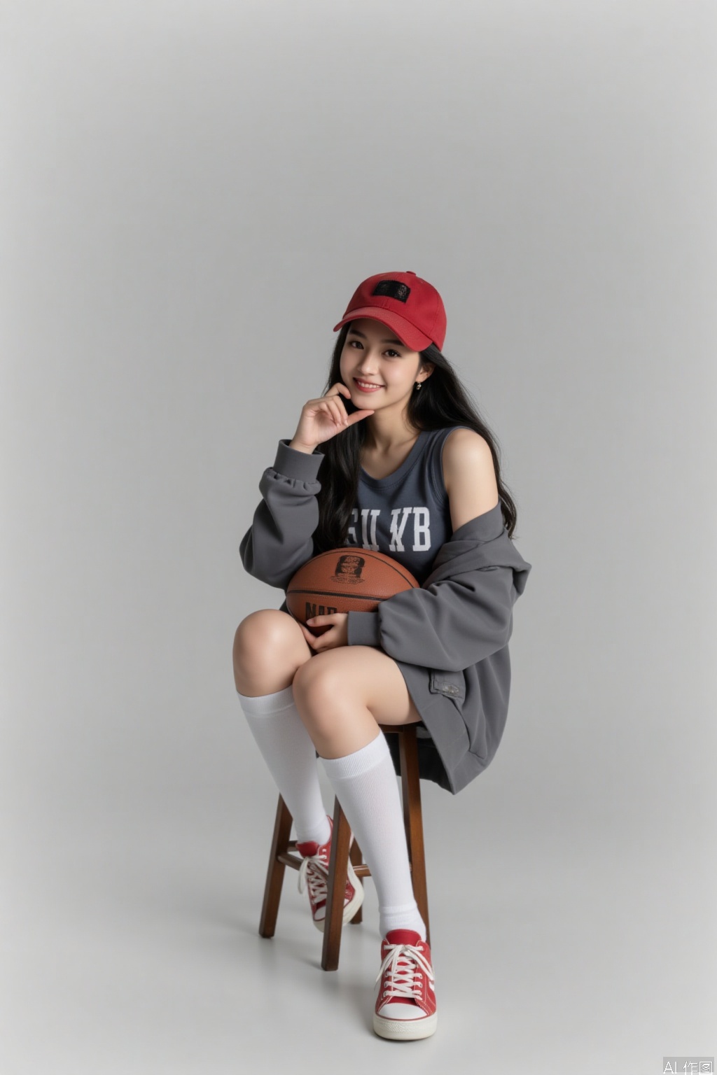 1 girl, solo, long hair, looking at the audience, smiling, simple background, black hair, hat, holding, sitting, jacket, full body, shoes, socks, gray background, off shoulder, knee high, vest, white socks, red shoes, sports shoes, baseball cap, red headwear, ball, realistic, gray jacket, stool, basketball,