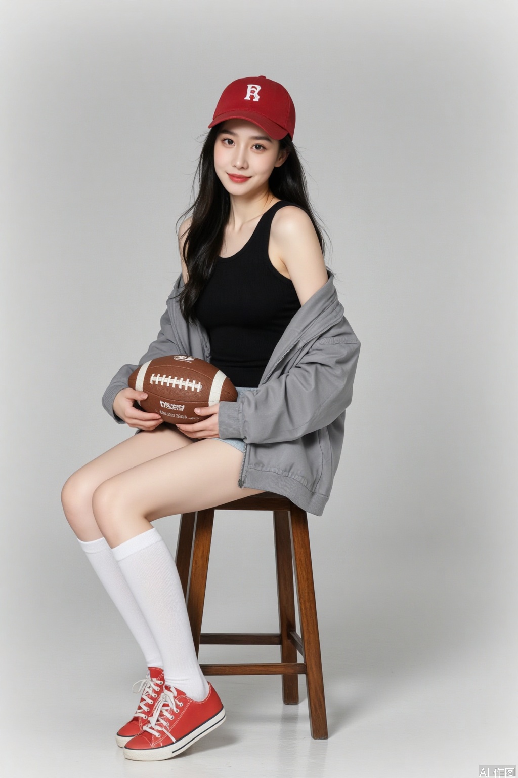 1 girl, solo, long hair, looking at the audience, smiling, simple background, black hair, hat, holding, sitting, jacket, full body, shoes, socks, gray background, off shoulder, knee high, vest, white socks, red shoes, sports shoes, baseball cap, red headwear, ball, realistic, gray jacket, stool, rugby