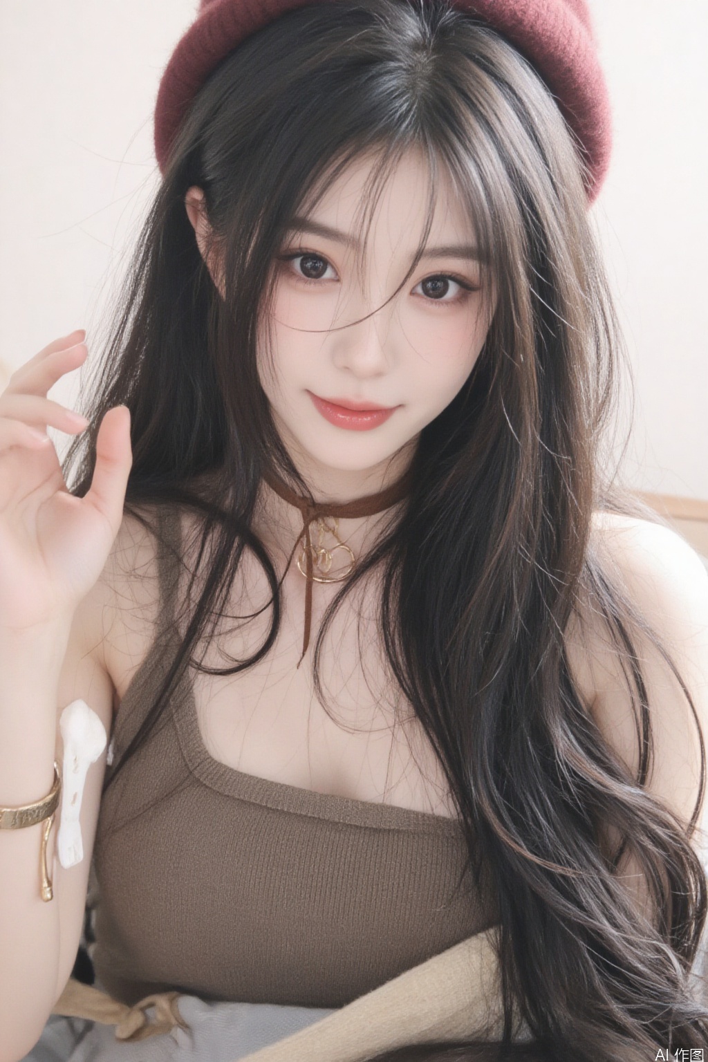 1girl, long hair, smile, black hair, hat, bare shoulders, jewelry, grin, bracelet, lips, armlet, realistic, beanie