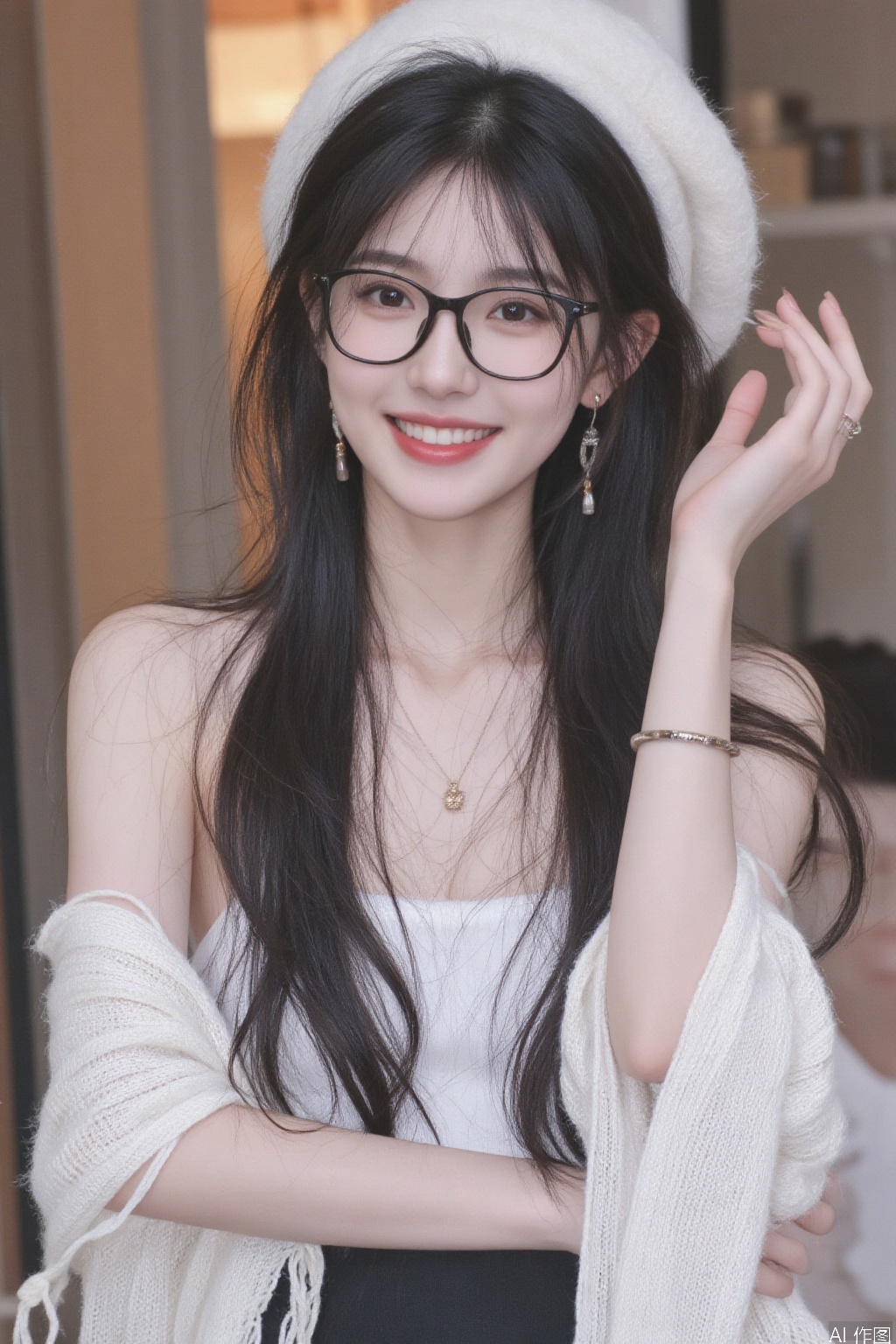 1girl, long hair, smile, black hair, hat, bare shoulders, jewelry, glasses, grin, bracelet, lips, armlet, realistic, beanie