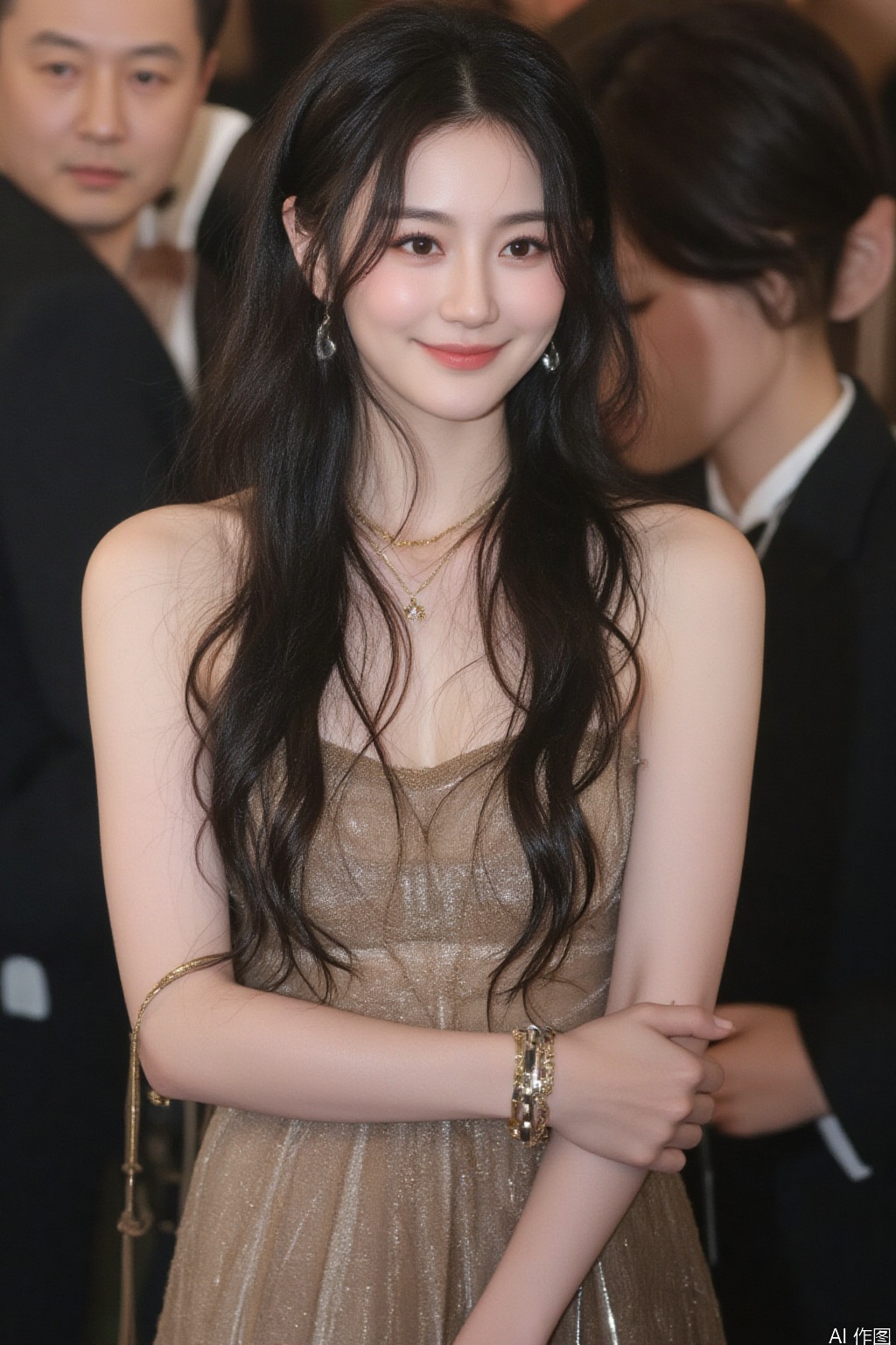 1girl, solo, long hair, smile, black hair, dress,Transparent dress, bare shoulders, brown eyes, jewelry, necklace, grin, bracelet, lips, realistic, 