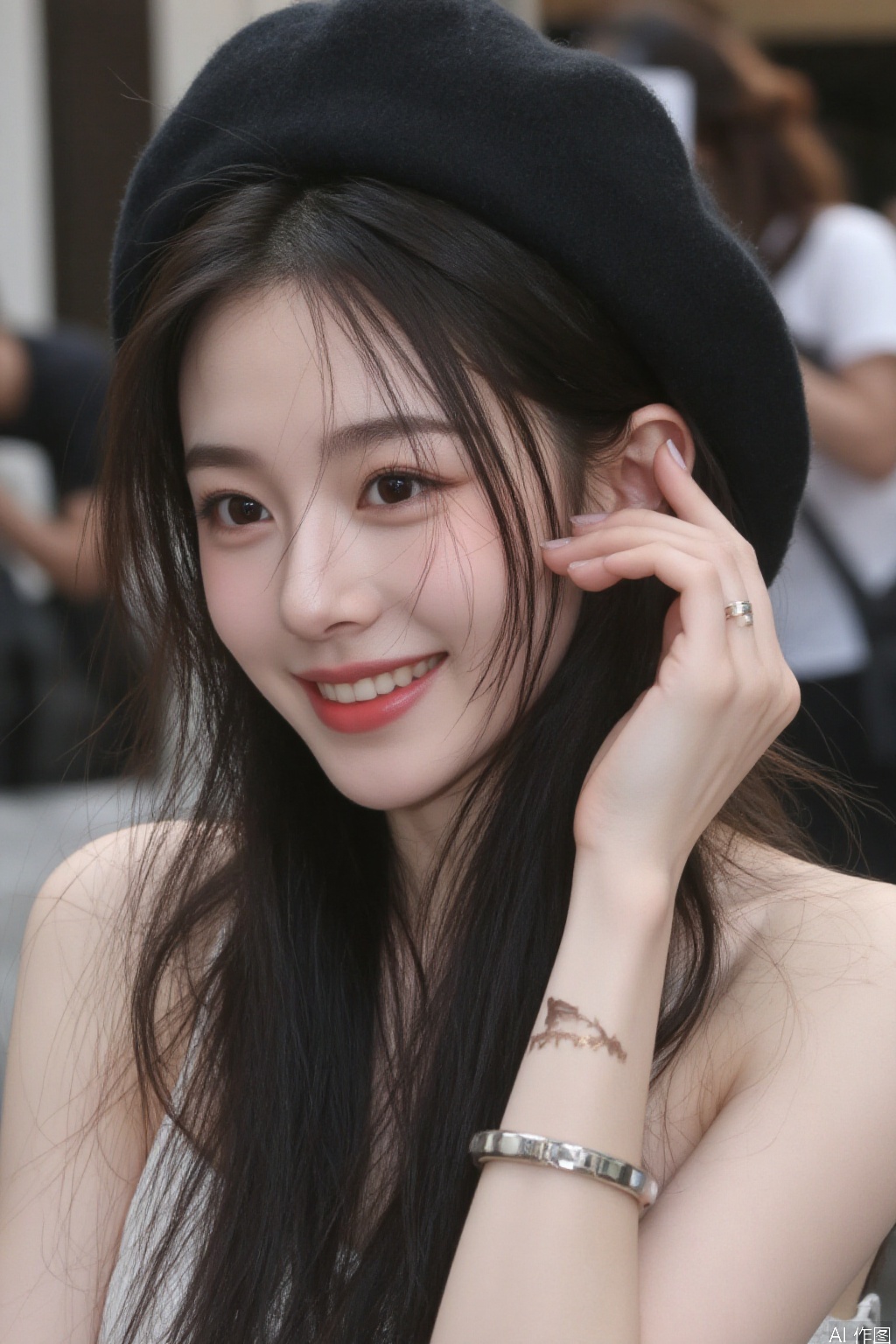 1girl, long hair, smile, black hair, hat, bare shoulders, jewelry, grin, bracelet, lips, armlet, realistic, beanie
