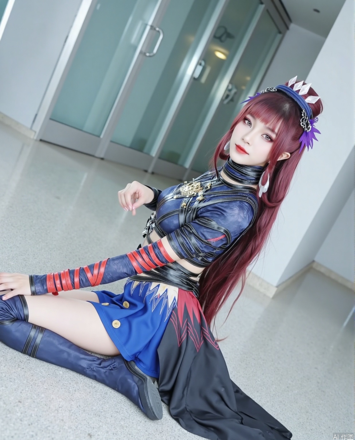 Her long brown red hair naturally droops, and her bangs neatly fall in front of her forehead, adorning her delicate face. The headband design is unique, with a pointed decoration at the top resembling a crown, showcasing the character's extraordinary temperament. The purple floral accessories next to it add a touch of softness to the overall look. Wearing a transparent black chiffon on his head. The earrings hang on both sides of the cheeks, enhancing the fashion sense of the design.
In terms of makeup, the eye makeup adopts deep tones, with curled and slender eyelashes, enhancing the sharpness and charm of the eyes. The bright lip color injects vitality and aura into the overall look.
Wearing a tight fitting dark blue short top on her upper body, the material seems to have texture, resembling leather texture, outlining her graceful figure curve. The interlocking metal buckles and black straps on the clothes not only add a cool punk style, but also create a visual effect of restraint and strength coexisting. What is particularly eye-catching is that one arm is wrapped with a bright red strap, forming a sharp contrast with the overall cool tone, while the black strap on the other arm echoes it, showing a unique design sense.
Wearing a pleated skirt on the lower body, this dress has a unique blue and black color scheme. The front is a short blue pleated skirt, which looks lively and playful, with a few gold buttons as decoration. There is a long black cloth hanging from behind, dragging it all the way to the calf position. The middle part of the skirt also has a red and black pattern, adding a cool feeling to the skirt. The deep blue knee high boots paired with it fit the leg lines, and the material of the boots echoes the top, giving it a strong overall feel.
This girl sits quietly in the room paved with textured tiles, with an elegant and natural posture. Her body tilted slightly backwards, with one hand gently resting on the ground behind her, and her arm slightly bent to provide support for her body, showing a relaxed and comfortable state. The other hand naturally drooped to the side of the body, with slightly curved fingers and no deliberate movements, appearing very casual.
She folded her legs together and tilted slightly to one side, showing beautiful leg lines. Lift your head slightly, look straight ahead with gentle and confident eyes, and smile slightly at the corners of your mouth, giving a warm and sweet feeling. The overall movements are neither exaggerated nor expressive, complementing her fresh and sweet dressing style and the environment she is in, creating a comfortable and natural atmosphere.
She sat in an indoor space paved with textured tiles. The color of the floor tiles is mainly light gray, with a natural texture on the surface. The texture runs irregularly, resembling the texture of natural stone, giving people a simple yet modern feeling. Behind is a glass door, with a silver metal frame that appears simple and elegant. Next to the glass door is a light gray wall with minimal decoration, appearing clean and tidy. The entire indoor environment is brightly lit, possibly due to sufficient lighting, which allows the colors in the picture to be presented realistically.