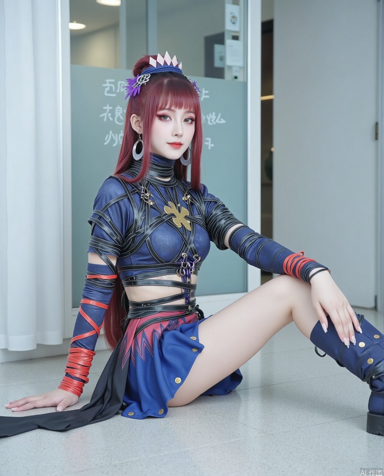 Her long brown red hair naturally droops, and her bangs neatly fall in front of her forehead, adorning her delicate face. The headband design is unique, with a pointed decoration at the top resembling a crown, showcasing the character's extraordinary temperament. The purple floral accessories next to it add a touch of softness to the overall look. The earrings hang on both sides of the cheeks, enhancing the fashion sense of the design.
In terms of makeup, the eye makeup adopts deep tones, with curled and slender eyelashes, enhancing the sharpness and charm of the eyes. The bright lip color injects vitality and aura into the overall look.
Wearing a tight fitting dark blue short top on her upper body, the material seems to have texture, resembling leather texture, outlining her graceful figure curve. The interlocking metal buckles and black straps on the clothes not only add a cool punk style, but also create a visual effect of restraint and strength coexisting. What is particularly eye-catching is that one arm is wrapped with a bright red strap, forming a sharp contrast with the overall cool tone, while the black strap on the other arm echoes it, showing a unique design sense.
Wearing a pleated skirt on the lower body, this dress has a unique blue and black color scheme. The front is a short blue pleated skirt, which looks lively and playful, with a few gold buttons as decoration. There is a long black cloth hanging from behind, dragging it all the way to the calf position. The middle part of the skirt also has a red and black pattern, adding a cool feeling to the skirt. The deep blue knee high boots paired with it fit the leg lines, and the material of the boots echoes the top, giving it a strong overall feel.
This girl sits quietly in the room paved with textured tiles, with an elegant and natural posture. Her body tilted slightly backwards, with one hand gently resting on the ground behind her, and her arm slightly bent to provide support for her body, showing a relaxed and comfortable state. The other hand naturally drooped to the side of the body, with slightly curved fingers and no deliberate movements, appearing very casual.
She folded her legs together and tilted slightly to one side, showing beautiful leg lines. Lift your head slightly, look straight ahead with gentle and confident eyes, and smile slightly at the corners of your mouth, giving a warm and sweet feeling. The overall movements are neither exaggerated nor expressive, complementing her fresh and sweet dressing style and the environment she is in, creating a comfortable and natural atmosphere.
She sat in an indoor space paved with textured tiles. The color of the floor tiles is mainly light gray, with a natural texture on the surface. The texture runs irregularly, resembling the texture of natural stone, giving people a simple yet modern feeling. Behind is a glass door, with a silver metal frame that appears simple and elegant. There are some white markings on the glass, but due to the shooting angle and reflection of the glass, the specific content cannot be clearly identified. Next to the glass door is a light gray wall with minimal decoration, appearing clean and tidy. The entire indoor environment is brightly lit, possibly due to sufficient lighting, which allows the colors in the picture to be presented realistically.,Fair skinned hands