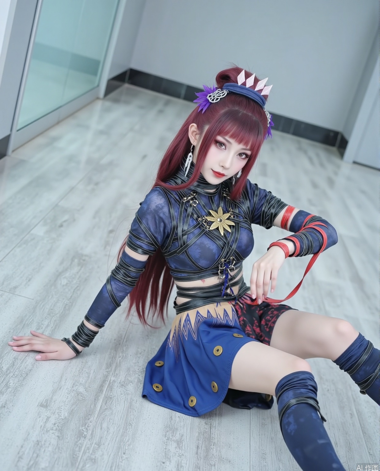 Her long brown red hair naturally droops, and her bangs neatly fall in front of her forehead, adorning her delicate face. The headband design is unique, with a pointed decoration at the top resembling a crown, showcasing the character's extraordinary temperament. The purple floral accessories next to it add a touch of softness to the overall look. Wearing a transparent black chiffon on his head. The earrings hang on both sides of the cheeks, enhancing the fashion sense of the design.
In terms of makeup, the eye makeup adopts deep tones, with curled and slender eyelashes, enhancing the sharpness and charm of the eyes. The bright lip color injects vitality and aura into the overall look.
Wearing a tight fitting dark blue short top on her upper body, the material seems to have texture, resembling leather texture, outlining her graceful figure curve. The interlocking metal buckles and black straps on the clothes not only add a cool punk style, but also create a visual effect of restraint and strength coexisting. What is particularly eye-catching is that one arm is wrapped with a bright red strap, forming a sharp contrast with the overall cool tone, while the black strap on the other arm echoes it, showing a unique design sense.
Wearing a pleated skirt on the lower body, this dress has a unique blue and black color scheme. The front is a short blue pleated skirt, which looks lively and playful, with a few gold buttons as decoration. There is a long black cloth hanging from behind, dragging it all the way to the calf position. The middle part of the skirt also has a red and black pattern, adding a cool feeling to the skirt. The deep blue knee high boots paired with it fit the leg lines, and the material of the boots echoes the top, giving it a strong overall feel.
This girl sits quietly in the room paved with textured tiles, with an elegant and natural posture. Her body tilted slightly backwards, with one hand gently resting on the ground behind her, and her arm slightly bent to provide support for her body, showing a relaxed and comfortable state. The other hand naturally drooped to the side of the body, with slightly curved fingers and no deliberate movements, appearing very casual.
She folded her legs together and tilted slightly to one side, showing beautiful leg lines. Lift your head slightly, look straight ahead with gentle and confident eyes, and smile slightly at the corners of your mouth, giving a warm and sweet feeling. The overall movements are neither exaggerated nor expressive, complementing her fresh and sweet dressing style and the environment she is in, creating a comfortable and natural atmosphere.
She sat in an indoor space paved with textured tiles. The color of the floor tiles is mainly light gray, with a natural texture on the surface. The texture runs irregularly, resembling the texture of natural stone, giving people a simple yet modern feeling. Behind is a glass door, with a silver metal frame that appears simple and elegant. Next to the glass door is a light gray wall with minimal decoration, appearing clean and tidy. The entire indoor environment is brightly lit, possibly due to sufficient lighting, which allows the colors in the picture to be presented realistically.