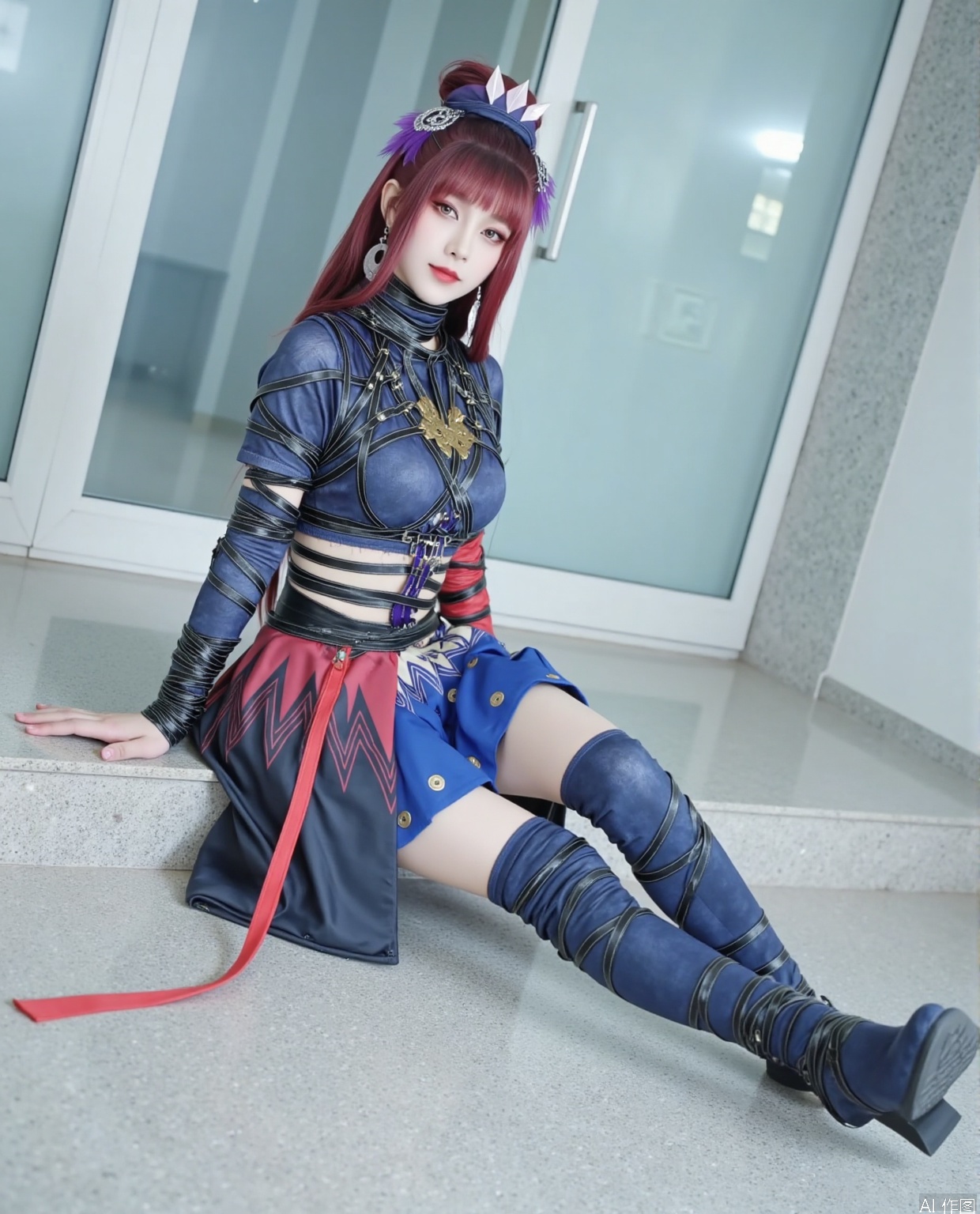 Her long brown red hair naturally droops, and her bangs neatly fall in front of her forehead, adorning her delicate face. The headband design is unique, with a pointed decoration at the top resembling a crown, showcasing the character's extraordinary temperament. The purple floral accessories next to it add a touch of softness to the overall look. Wearing a transparent black chiffon on his head. The earrings hang on both sides of the cheeks, enhancing the fashion sense of the design.
In terms of makeup, the eye makeup adopts deep tones, with curled and slender eyelashes, enhancing the sharpness and charm of the eyes. The bright lip color injects vitality and aura into the overall look.
Wearing a tight fitting dark blue short top on her upper body, the material seems to have texture, resembling leather texture, outlining her graceful figure curve. The interlocking metal buckles and black straps on the clothes not only add a cool punk style, but also create a visual effect of restraint and strength coexisting. What is particularly eye-catching is that one arm is wrapped with a bright red strap, forming a sharp contrast with the overall cool tone, while the black strap on the other arm echoes it, showing a unique design sense.
Wearing a pleated skirt on the lower body, this dress has a unique blue and black color scheme. The front is a short blue pleated skirt, which looks lively and playful, with a few gold buttons as decoration. There is a long black cloth hanging from behind, dragging it all the way to the calf position. The middle part of the skirt also has a red and black pattern, adding a cool feeling to the skirt. The deep blue knee high boots paired with it fit the leg lines, and the material of the boots echoes the top, giving it a strong overall feel.
This girl sits quietly in the room paved with textured tiles, with an elegant and natural posture. Her body tilted slightly backwards, with one hand gently resting on the ground behind her, and her arm slightly bent to provide support for her body, showing a relaxed and comfortable state. The other hand naturally drooped to the side of the body, with slightly curved fingers and no deliberate movements, appearing very casual.
She folded her legs together and tilted slightly to one side, showing beautiful leg lines. Lift your head slightly, look straight ahead with gentle and confident eyes, and smile slightly at the corners of your mouth, giving a warm and sweet feeling. The overall movements are neither exaggerated nor expressive, complementing her fresh and sweet dressing style and the environment she is in, creating a comfortable and natural atmosphere.
She sat in an indoor space paved with textured tiles. The color of the floor tiles is mainly light gray, with a natural texture on the surface. The texture runs irregularly, resembling the texture of natural stone, giving people a simple yet modern feeling. Behind is a glass door, with a silver metal frame that appears simple and elegant. Next to the glass door is a light gray wall with minimal decoration, appearing clean and tidy. The entire indoor environment is brightly lit, possibly due to sufficient lighting, which allows the colors in the picture to be presented realistically.