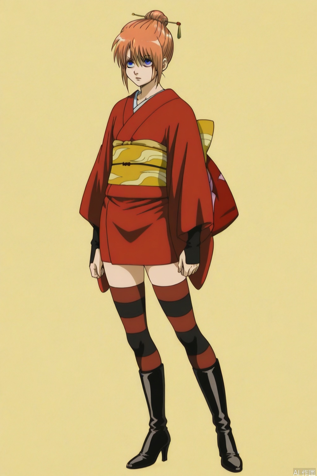 high heel boots,braid,hair ornament,wide sleeves,hair stick,red hair,long sleeves,kagura \(gintama\),collarbone,boots,hair between eyes,bangs,striped legwear,hair bun,blue eyes,striped,thighhighs,short kimono,sash,red kimono,kimono,kagula,japanese clothes