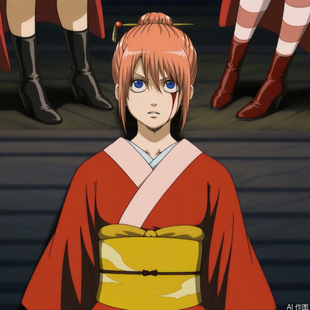 high heel boots,braid,hair ornament,wide sleeves,hair stick,red hair,long sleeves,kagura \(gintama\),collarbone,boots,hair between eyes,bangs,striped legwear,hair bun,blue eyes,striped,thighhighs,short kimono,sash,red kimono,kimono,kagula,japanese clothes