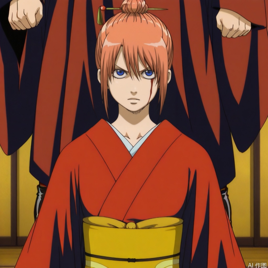 high heel boots,braid,hair ornament,wide sleeves,hair stick,red hair,long sleeves,kagura \(gintama\),collarbone,boots,hair between eyes,bangs,striped legwear,hair bun,blue eyes,striped,thighhighs,short kimono,sash,red kimono,kimono,kagula,japanese clothes