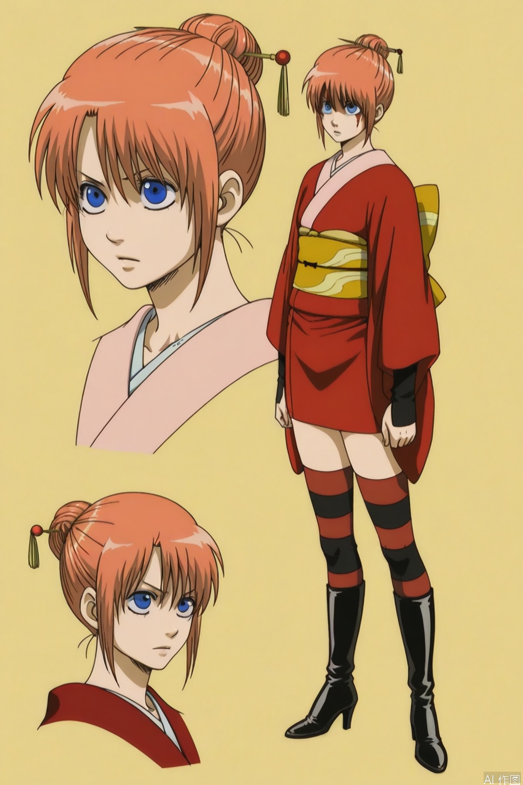 high heel boots,braid,hair ornament,wide sleeves,hair stick,red hair,long sleeves,kagura \(gintama\),collarbone,boots,hair between eyes,bangs,striped legwear,hair bun,blue eyes,striped,thighhighs,short kimono,sash,red kimono,kimono,kagula,japanese clothes