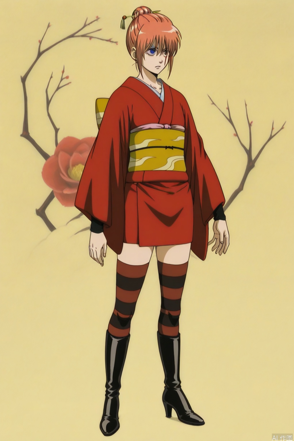 high heel boots,braid,hair ornament,wide sleeves,hair stick,red hair,long sleeves,kagura \(gintama\),collarbone,boots,hair between eyes,bangs,striped legwear,hair bun,blue eyes,striped,thighhighs,short kimono,sash,red kimono,kimono,kagula,japanese clothes