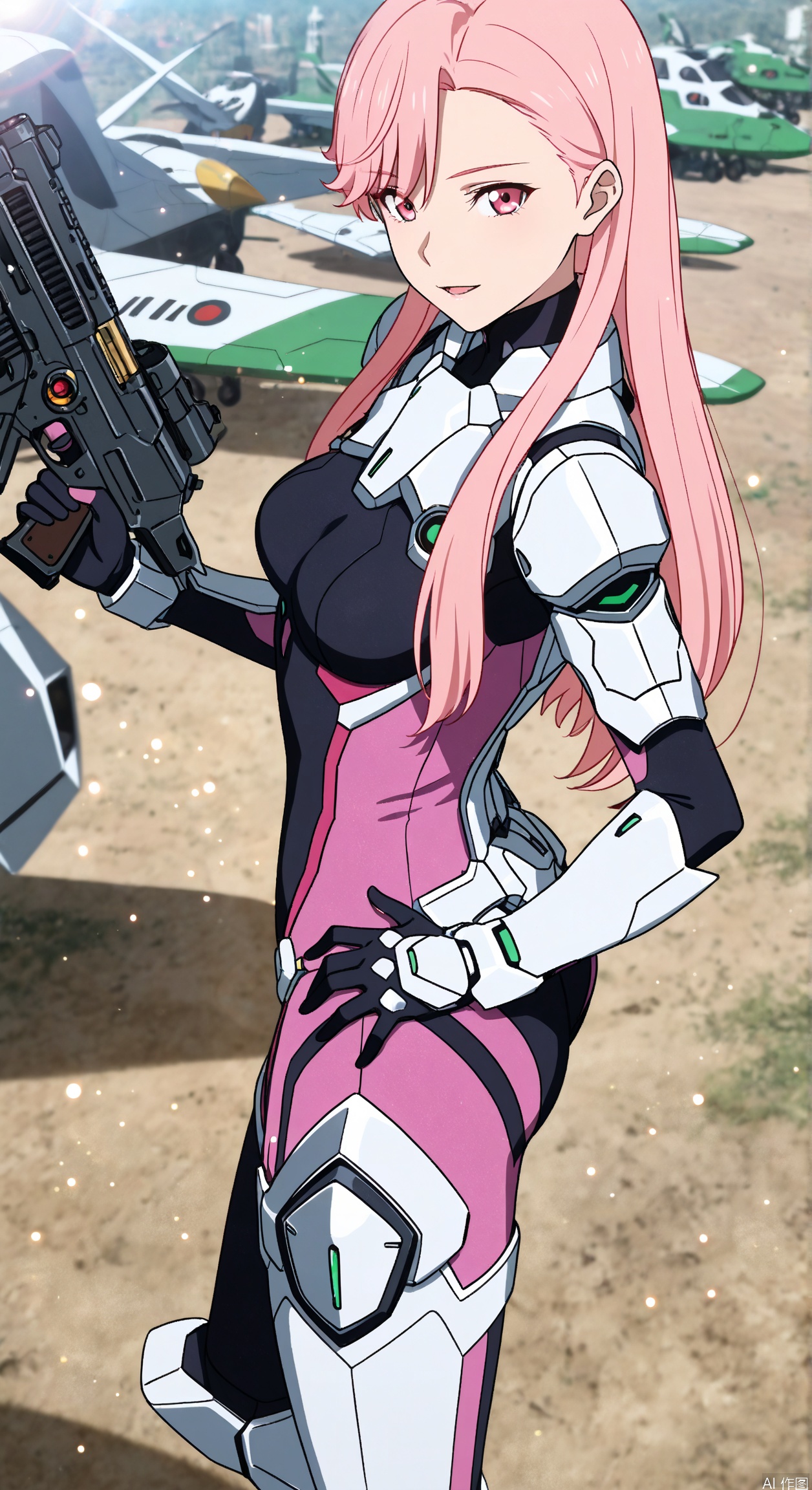 1girl, solo, long hair, breasts, looking at viewer, open mouth, bangs, holding, medium breasts, standing, weapon, pink hair, pink eyes, holding weapon, armor, hand on hip, gun, bodysuit, holding gun, mecha, science fiction, pilot suit, photo background,gentle expression,parted lips,light smile,depth of field, light particles, lens flare,from side,from above,
//,
masterpiece,best quality,flat color,plane illustration,jijia, 2d, anime,