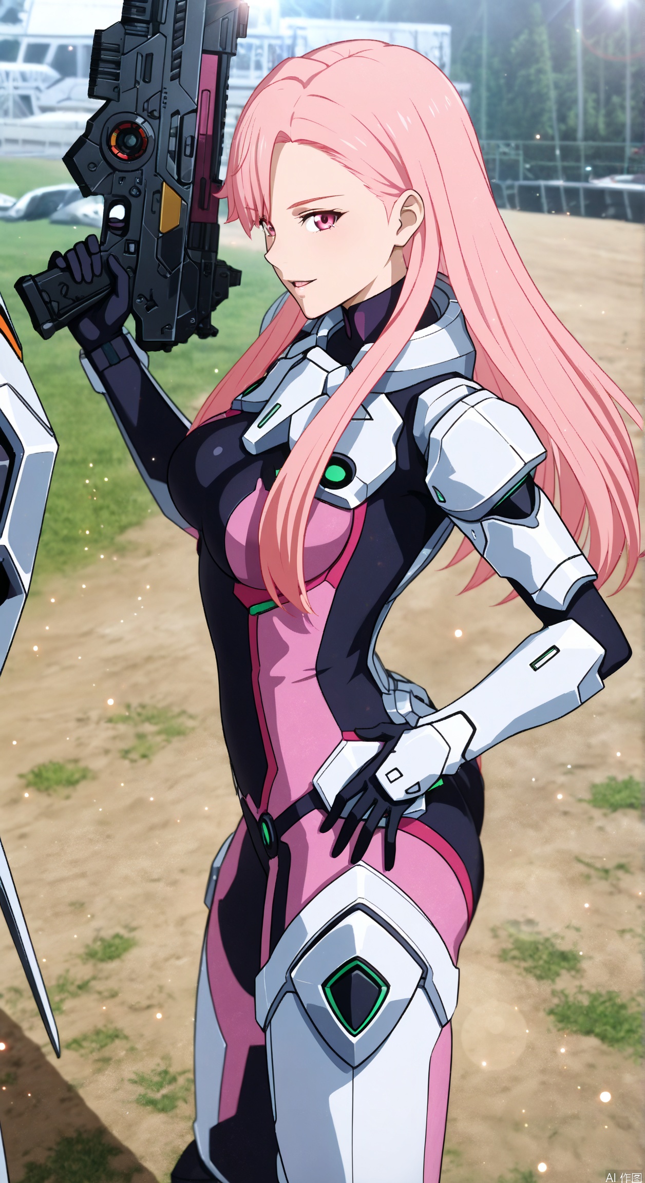 1girl, solo, long hair, breasts, looking at viewer, open mouth, bangs, holding, medium breasts, standing, weapon, pink hair, pink eyes, holding weapon, armor, hand on hip, gun, bodysuit, holding gun, mecha, science fiction, pilot suit, photo background,gentle expression,parted lips,light smile,depth of field, light particles, lens flare,from side,from above,
//,
 