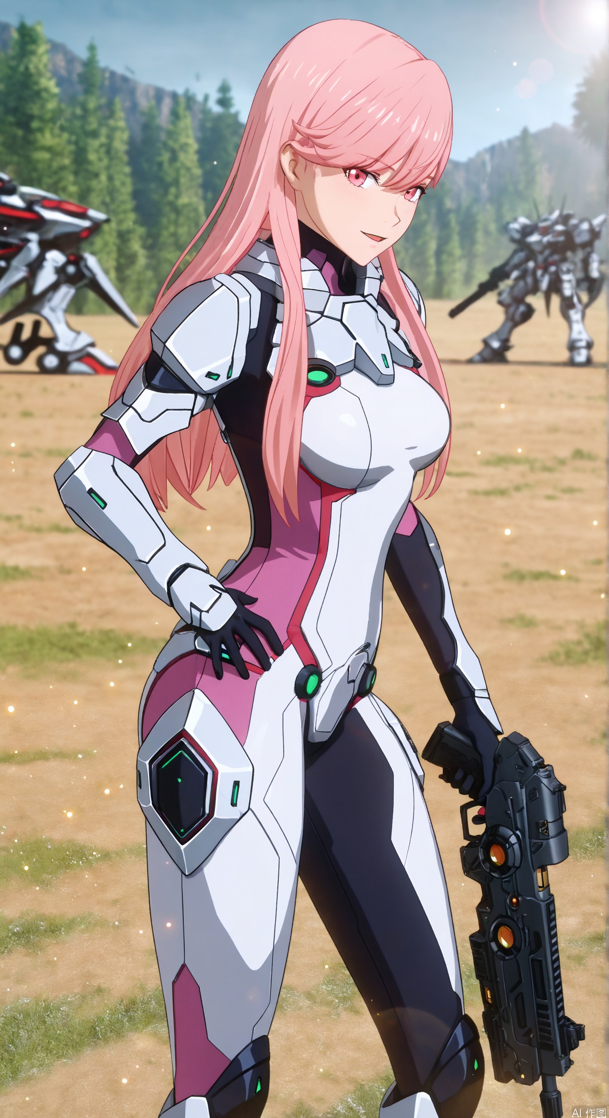 1girl, solo, long hair, breasts, looking at viewer, open mouth, bangs, holding, medium breasts, standing, weapon, pink hair, pink eyes, holding weapon, armor, hand on hip, gun, bodysuit, holding gun, mecha, science fiction, pilot suit, photo background,gentle expression,parted lips,light smile,depth of field, light particles, lens flare,from side,from above,
//,
masterpiece,best quality,game cg, aritist:RyanReos,aritist:zoh,(artist:nianbingzi:0.4),artist:billyhhyb,ijia,3d,CG,