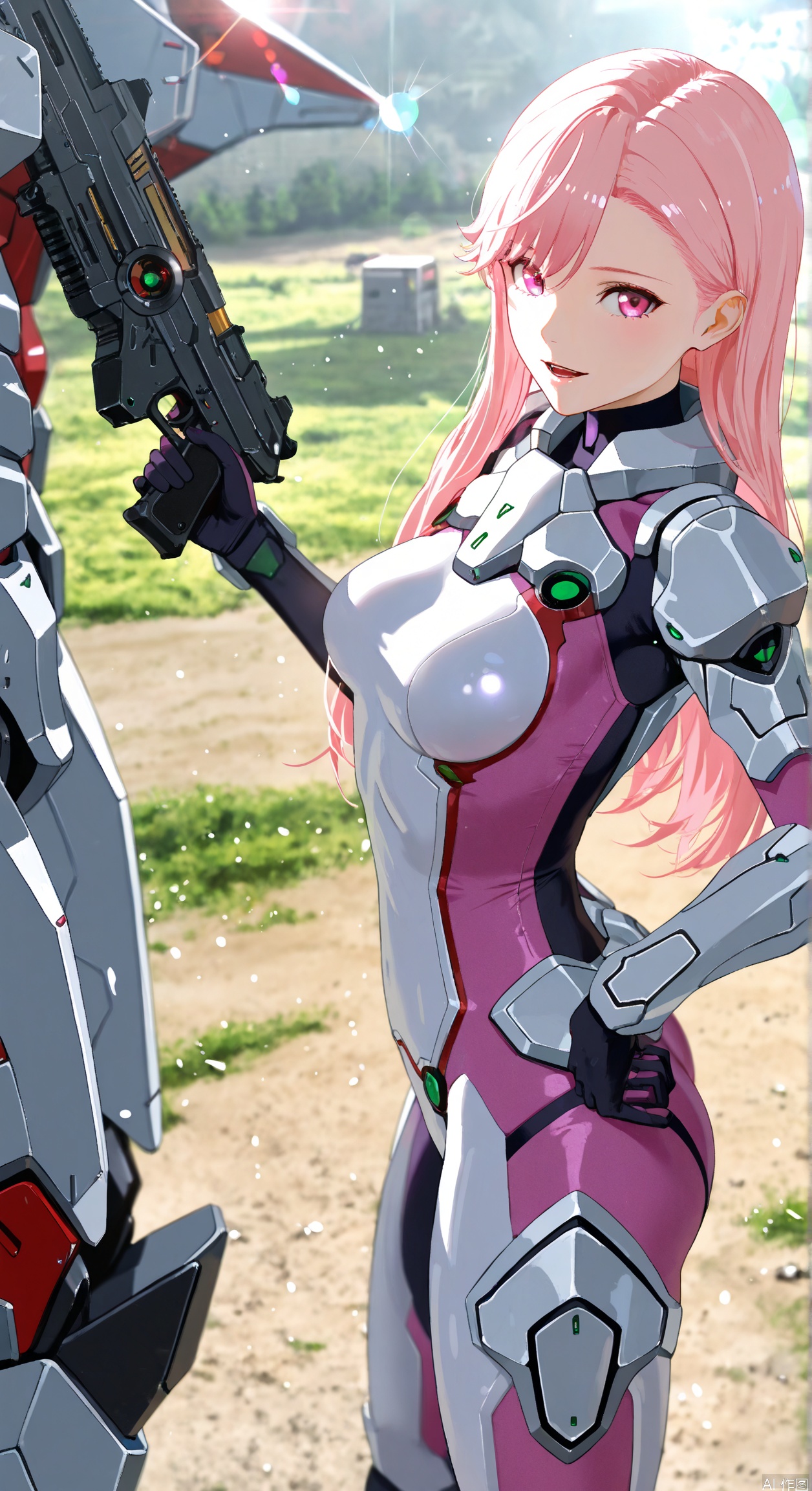 1girl, solo, long hair, breasts, looking at viewer, open mouth, bangs, holding, medium breasts, standing, weapon, pink hair, pink eyes, holding weapon, armor, hand on hip, gun, bodysuit, holding gun, mecha, science fiction, pilot suit, photo background,gentle expression,parted lips,light smile,depth of field, light particles, lens flare,from side,from above,
//,
masterpiece,best quality,no humans,artist:yunimaru,artist:esuthio,(artist:wlop:0.5),jijia, 2d, anime,