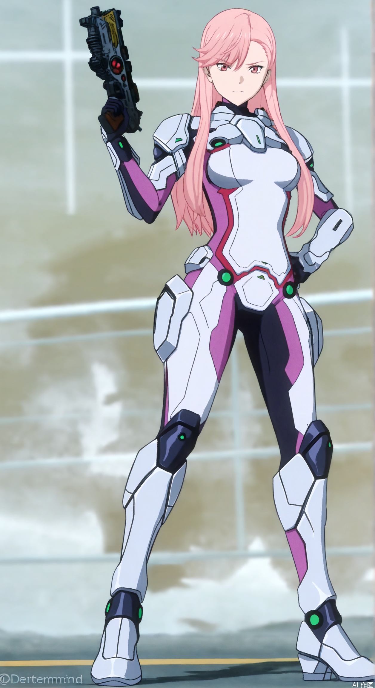 1girl, solo, long hair, breasts, looking at viewer,determind eyes,determind expression, bangs, holding, medium breasts, standing, weapon, pink hair, pink eyes, holding weapon, armor, hand on hip, gun, bodysuit, holding gun, pilot suit, full body