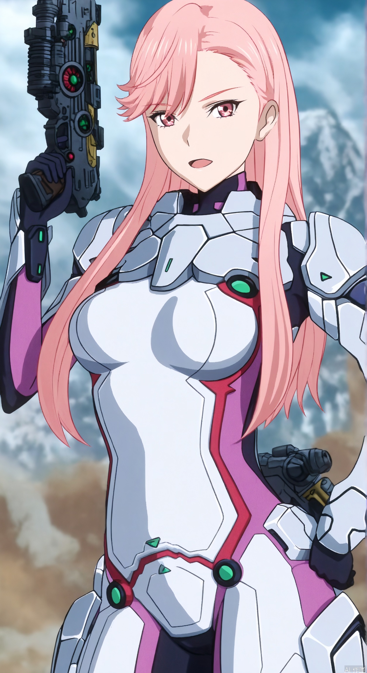 1girl, solo, long hair, breasts, looking at viewer, open mouth, bangs, holding, medium breasts, standing, weapon, pink hair, pink eyes, holding weapon, armor, hand on hip, gun, bodysuit, holding gun, pilot suit, 
