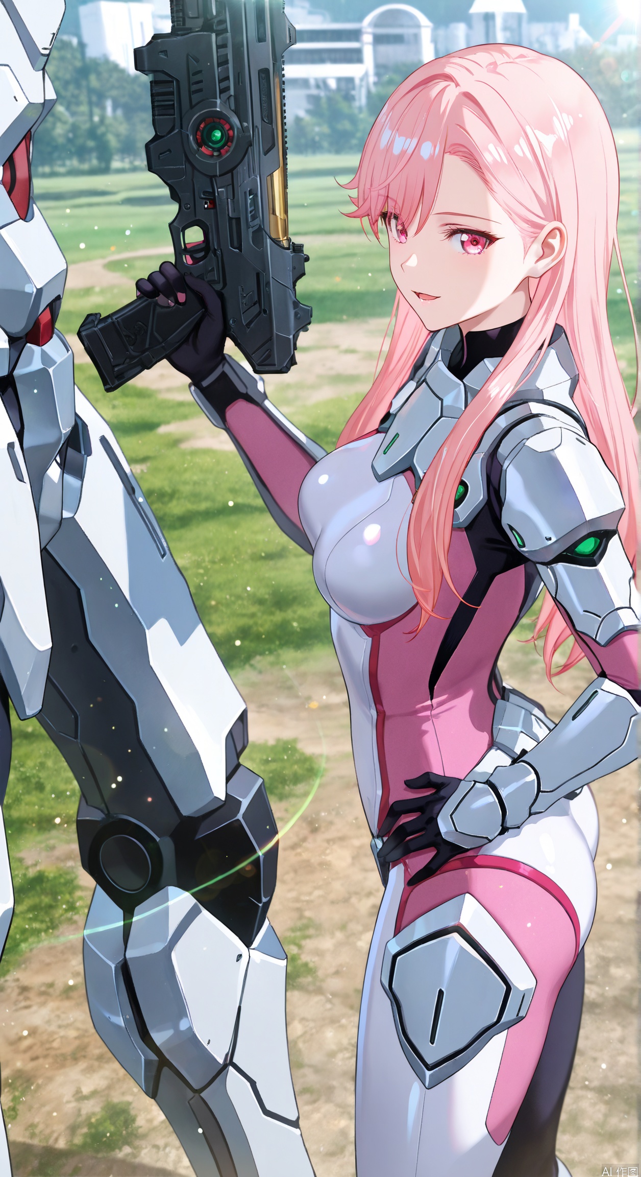 1girl, solo, long hair, breasts, looking at viewer, open mouth, bangs, holding, medium breasts, standing, weapon, pink hair, pink eyes, holding weapon, armor, hand on hip, gun, bodysuit, holding gun, mecha, science fiction, pilot suit, photo background,gentle expression,parted lips,light smile,depth of field, light particles, lens flare,from side,from above,
//,
masterpiece,best quality,good quality,((artist:reoen),(artist:fuzichoco),(artist:atdan),(artist:torino_aqua),year 2024:0.8),jijia, 2d, anime,